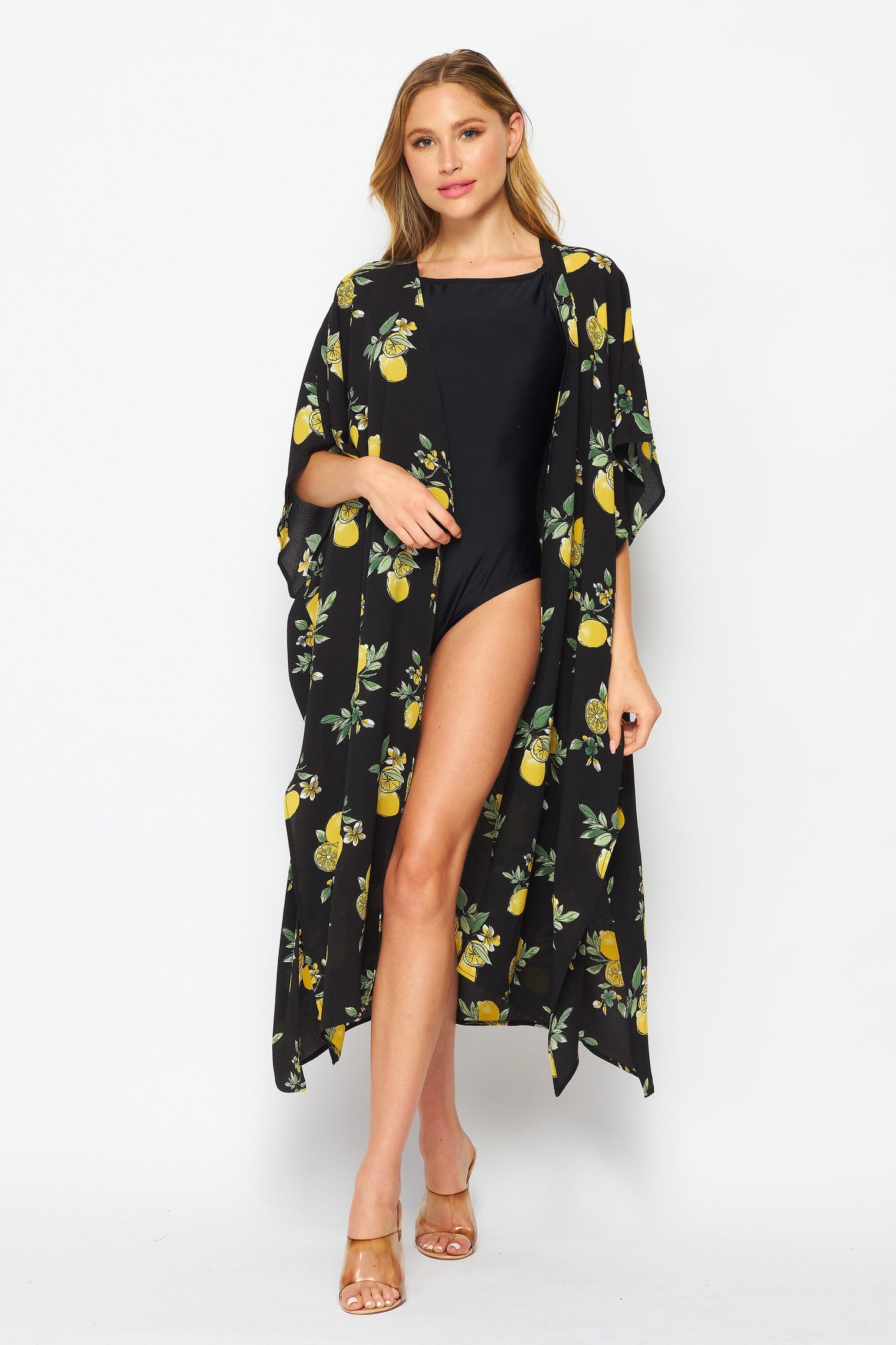 Upcycled Handmade "Black Lemon" Kimono Robe and Beach Cover up , Plus Size Kimono Robe, Made in USA