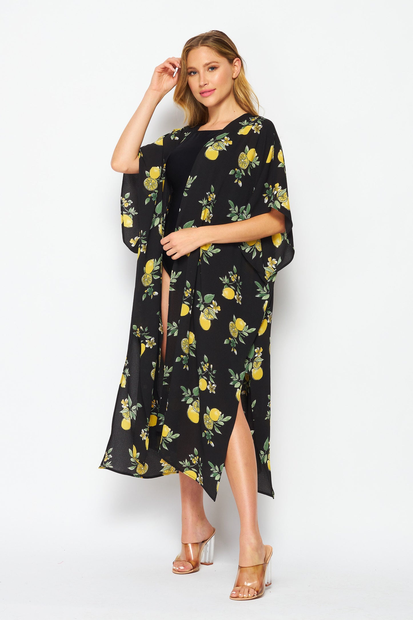 Upcycled Handmade "Black Lemon" Kimono Robe and Beach Cover up , Plus Size Kimono Robe, Made in USA