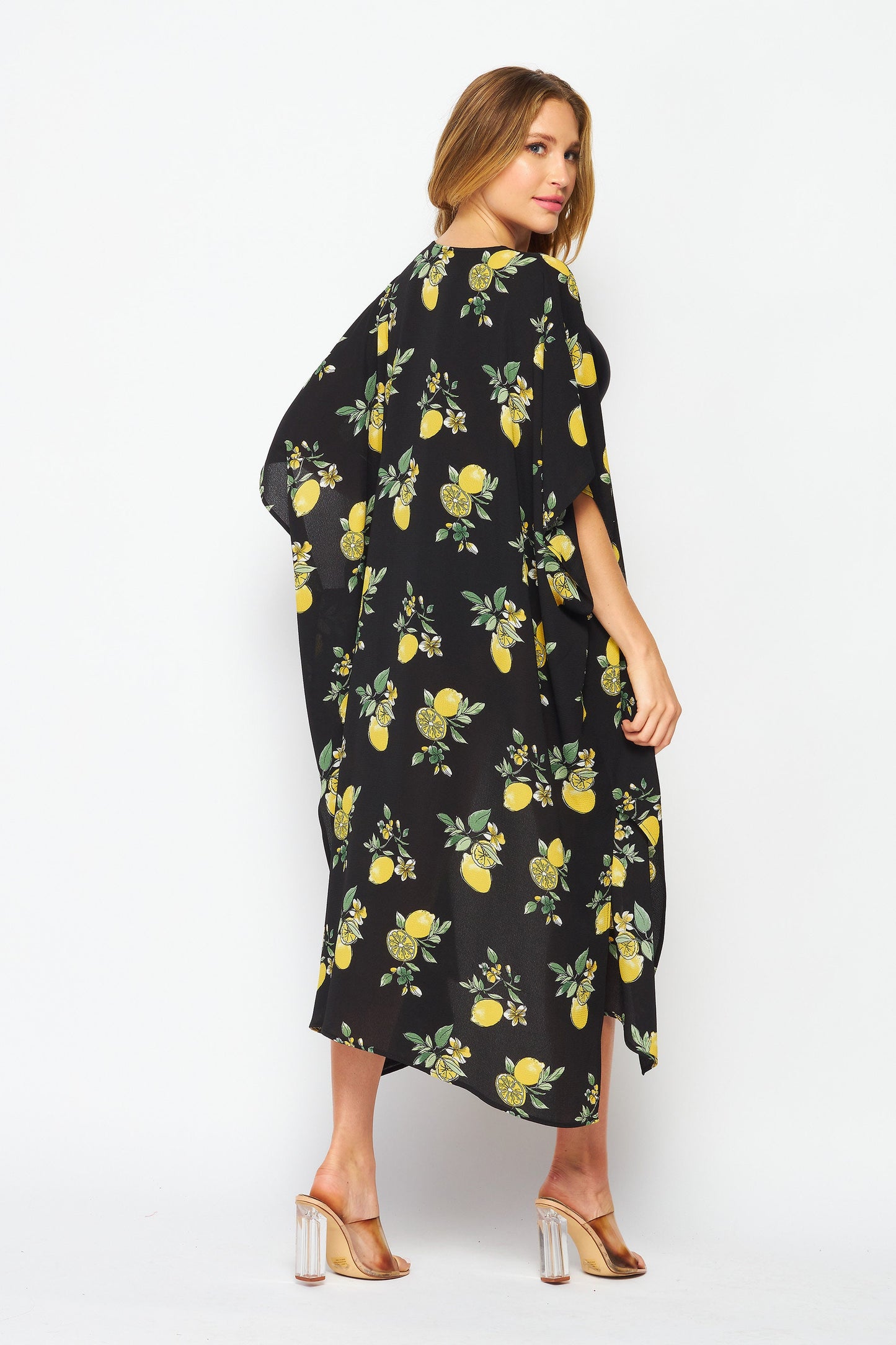 Upcycled Handmade "Black Lemon" Kimono Robe and Beach Cover up , Plus Size Kimono Robe, Made in USA