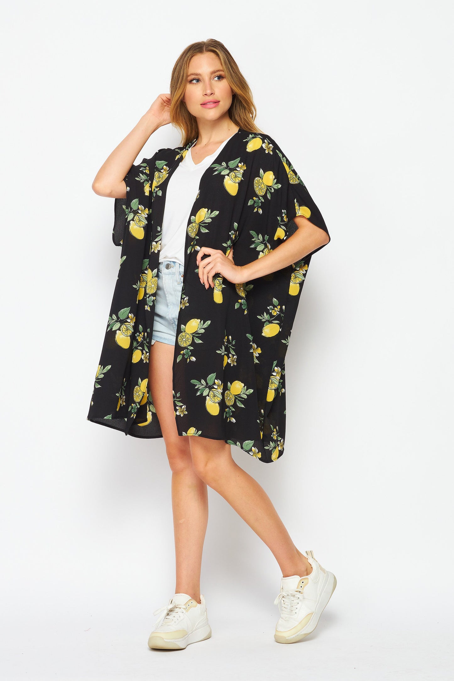 Upcycled Handmade "Black Lemon" Kimono Robe and Beach Cover up , Plus Size Kimono Robe, Made in USA