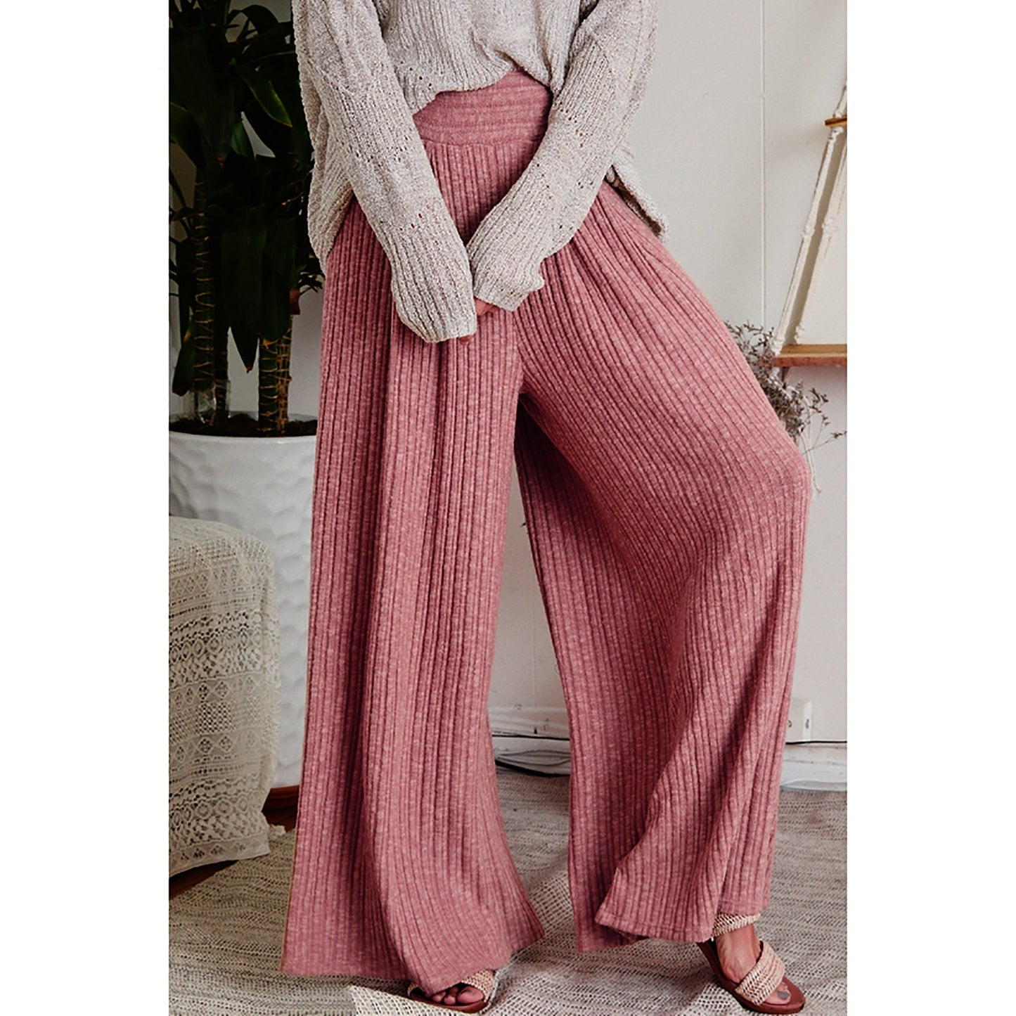 Junie Custom Made High-Rise Wide Leg Knit Sweater Palazzo Pants with Pockets