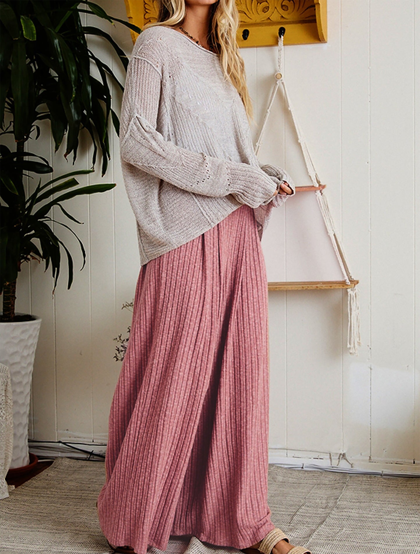 Junie Custom Made High-Rise Wide Leg Knit Sweater Palazzo Pants with Pockets