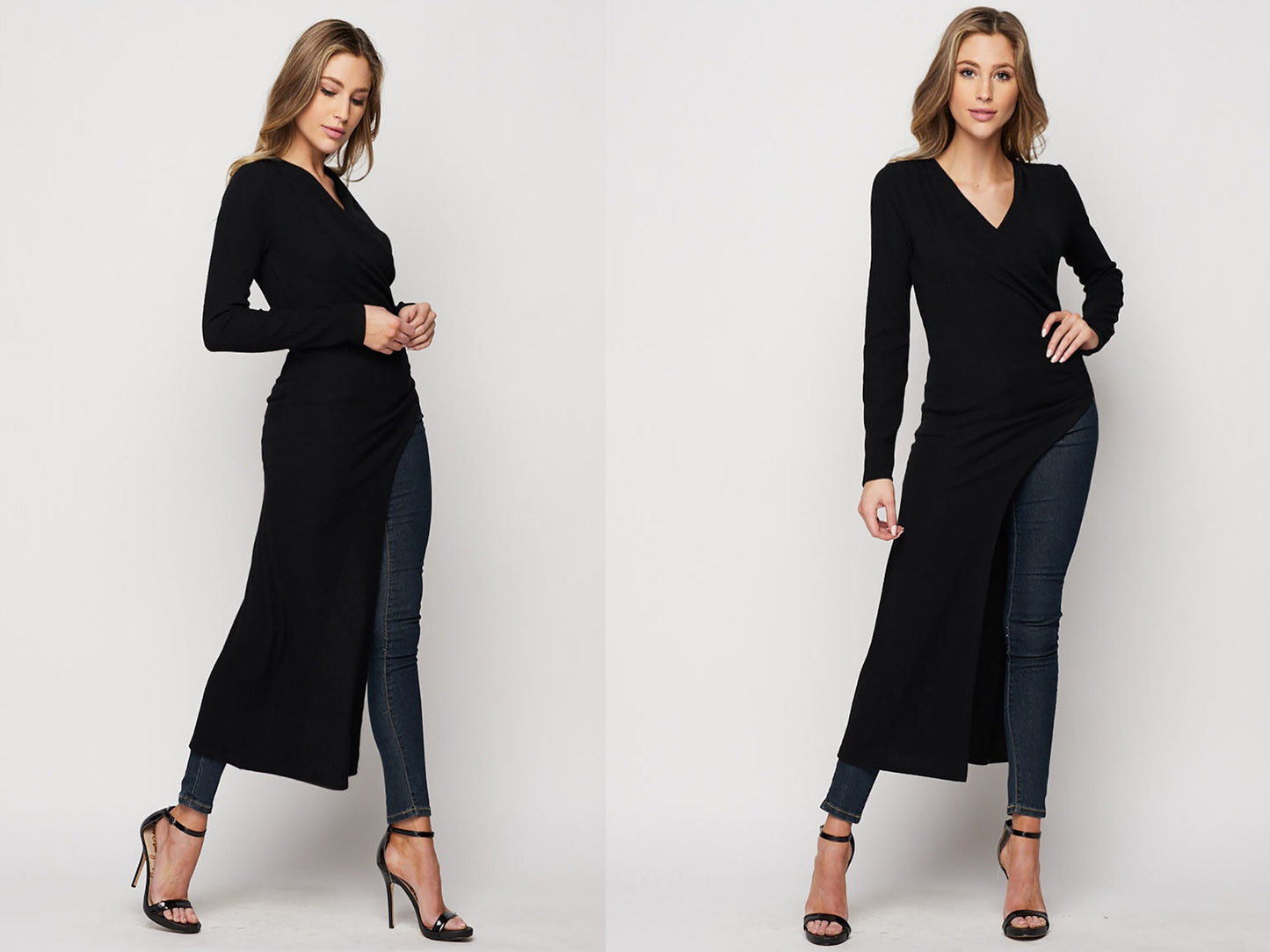 Asymmetric Ruched Waist Long Sleeve Tunic Dress - Available in Plus size