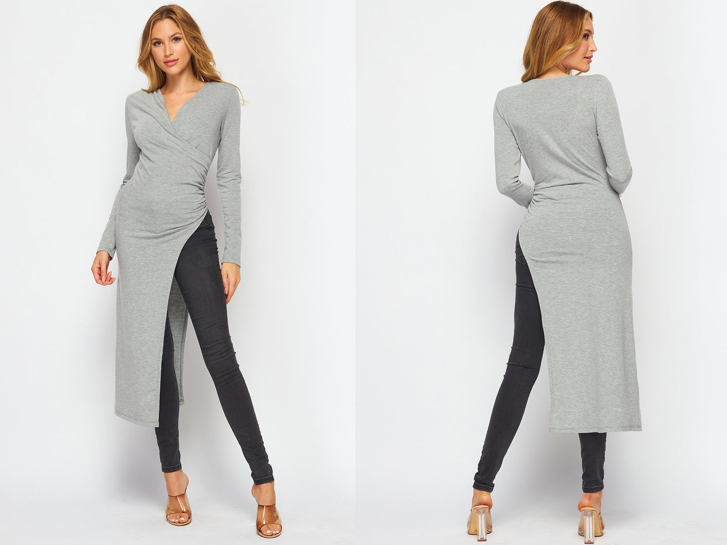 Asymmetric Ruched Waist Long Sleeve Tunic Dress - Available in Plus size