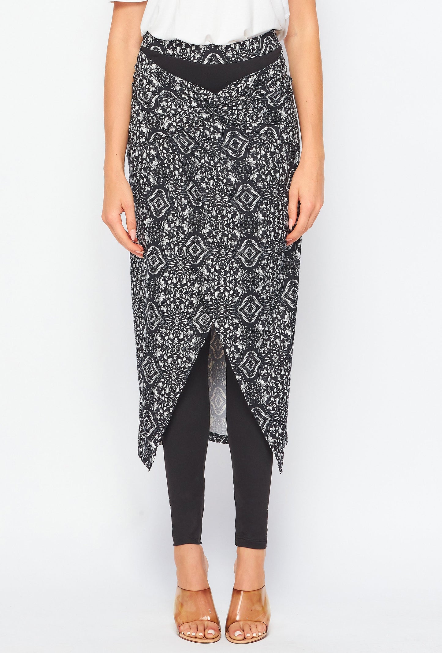 2 in 1 Faux Wrap Midi Skirted Leggings with Twisted Waist, Upcycled Fabrication, Available in Plus Size