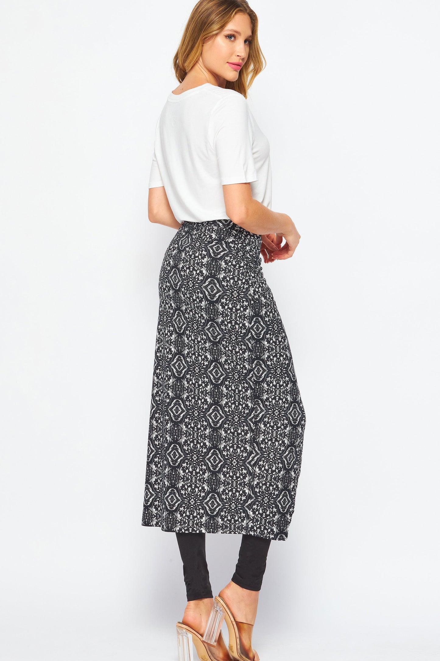 2 in 1 Faux Wrap Midi Skirted Leggings with Twisted Waist, Upcycled Fabrication, Available in Plus Size