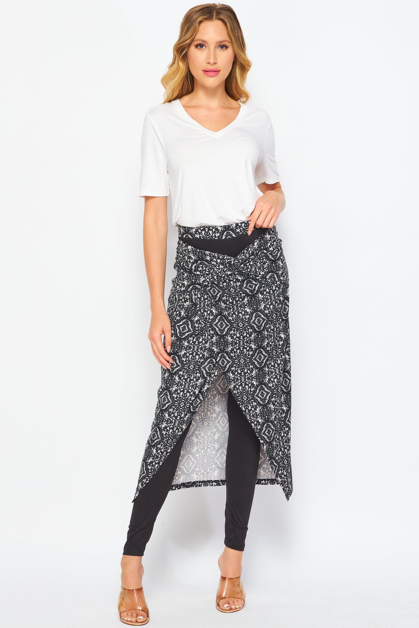 2 in 1 Faux Wrap Midi Skirted Leggings with Twisted Waist, Upcycled Fabrication, Available in Plus Size