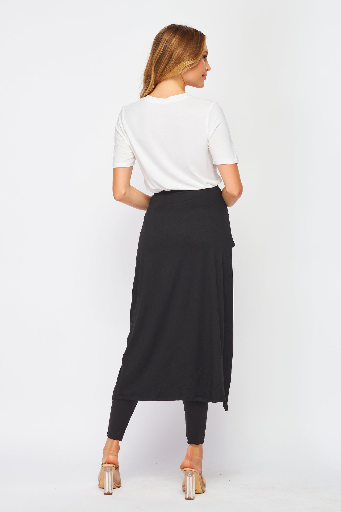 2 in 1 Faux Wrap Midi Skirted Leggings with Twisted Waist, Upcycled Fabrication, Available in Plus Size