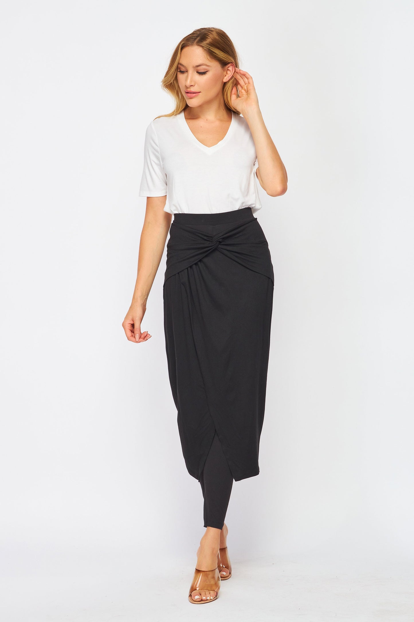 2 in 1 Faux Wrap Midi Skirted Leggings with Twisted Waist, Upcycled Fabrication, Available in Plus Size