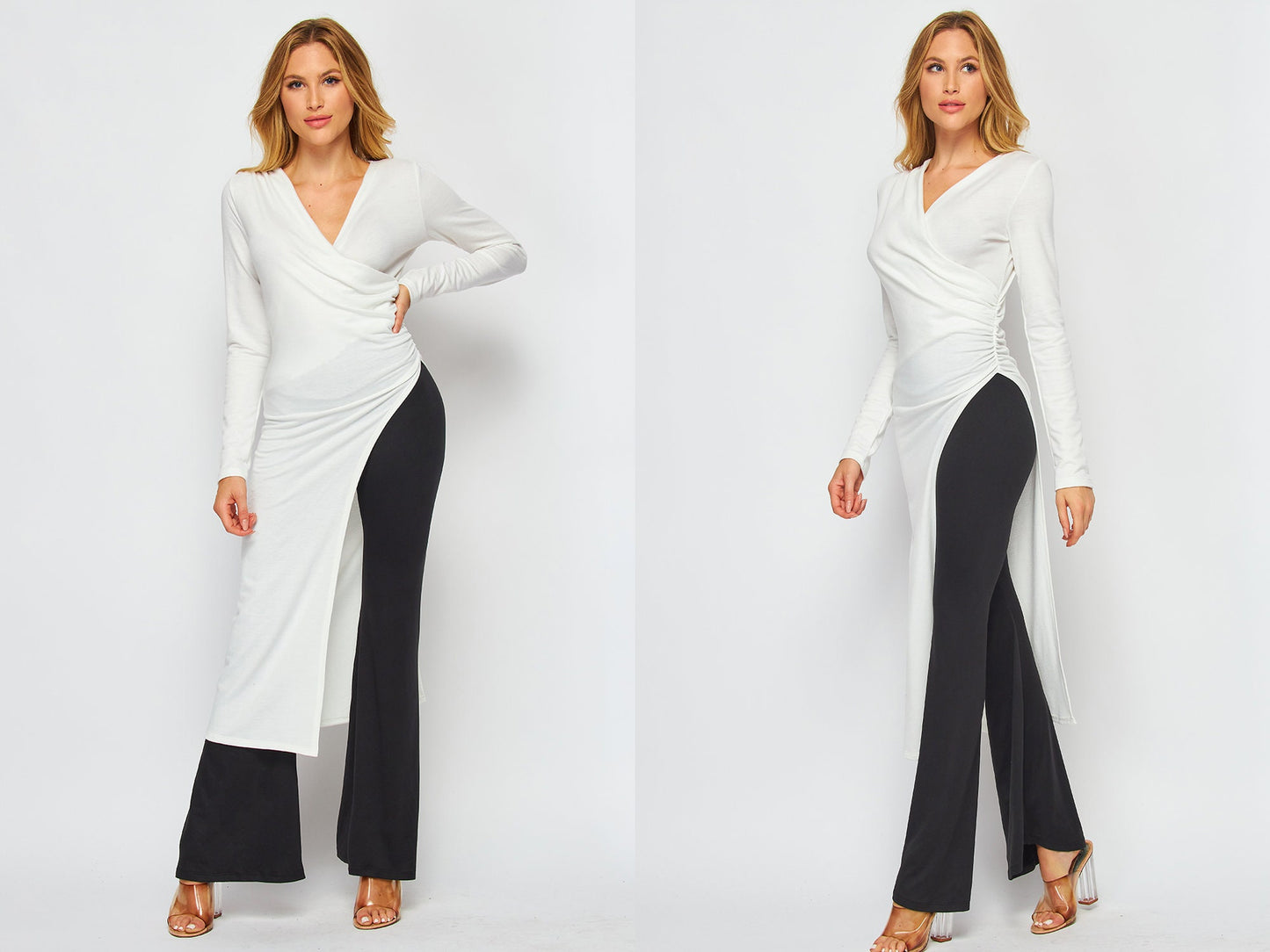Asymmetric Ruched Waist Long Sleeve Tunic Dress - Available in Plus size