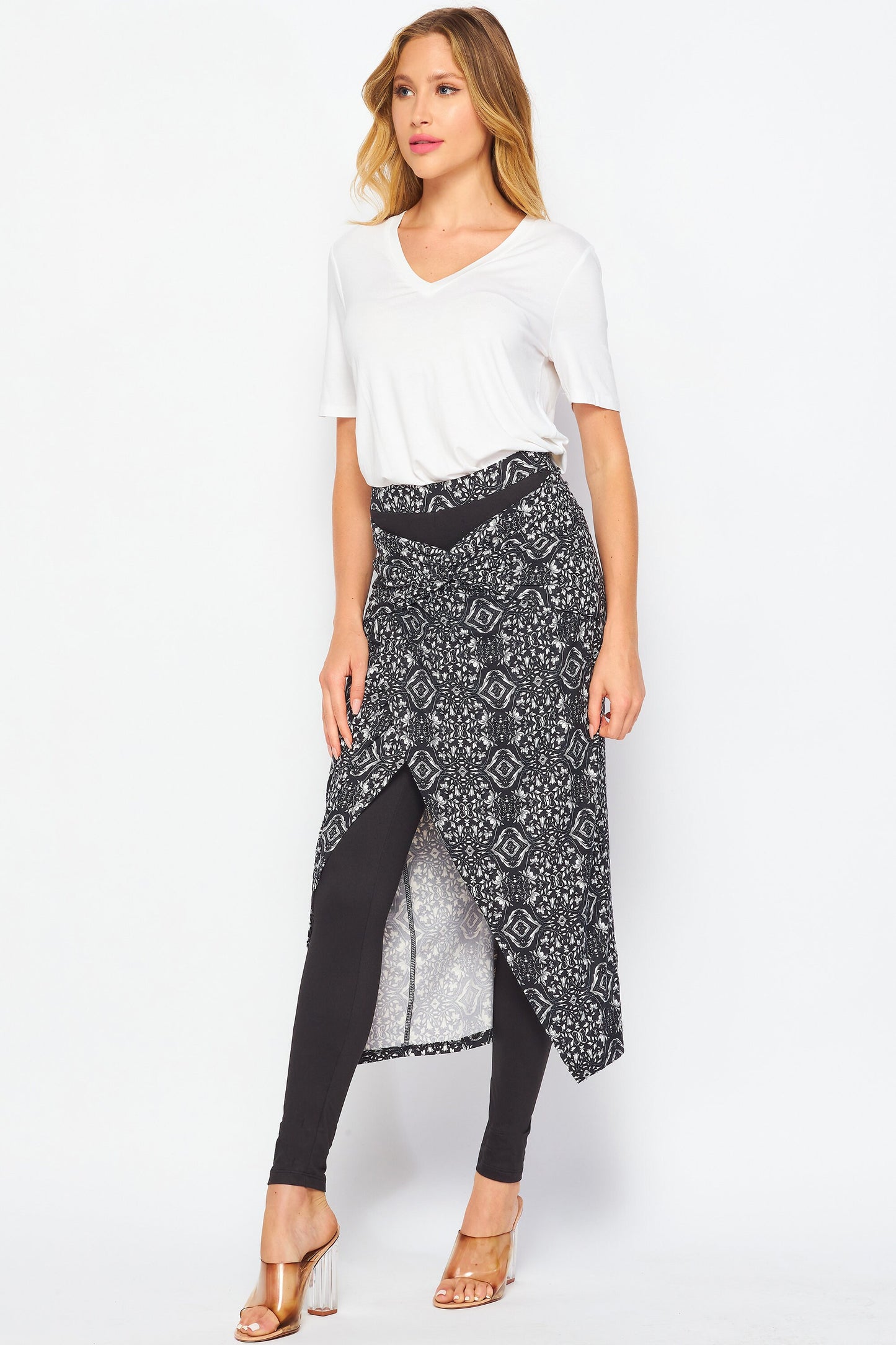 2 in 1 Faux Wrap Midi Skirted Leggings with Twisted Waist, Upcycled Fabrication, Available in Plus Size