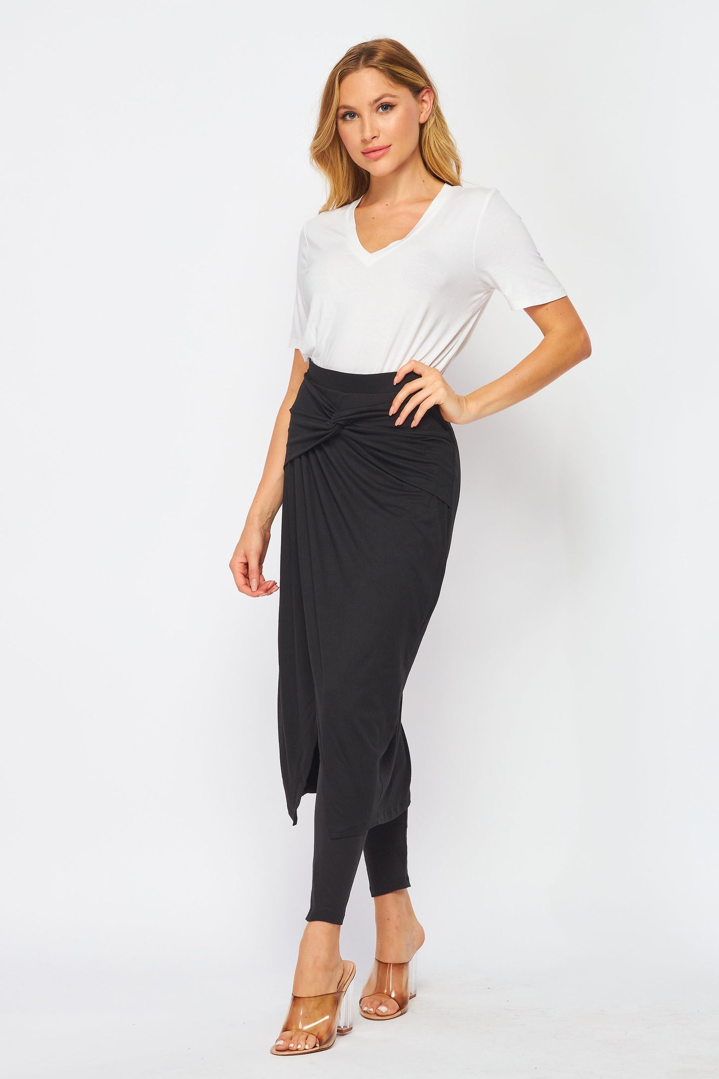 2 in 1 Faux Wrap Midi Skirted Leggings with Twisted Waist, Upcycled Fabrication, Available in Plus Size