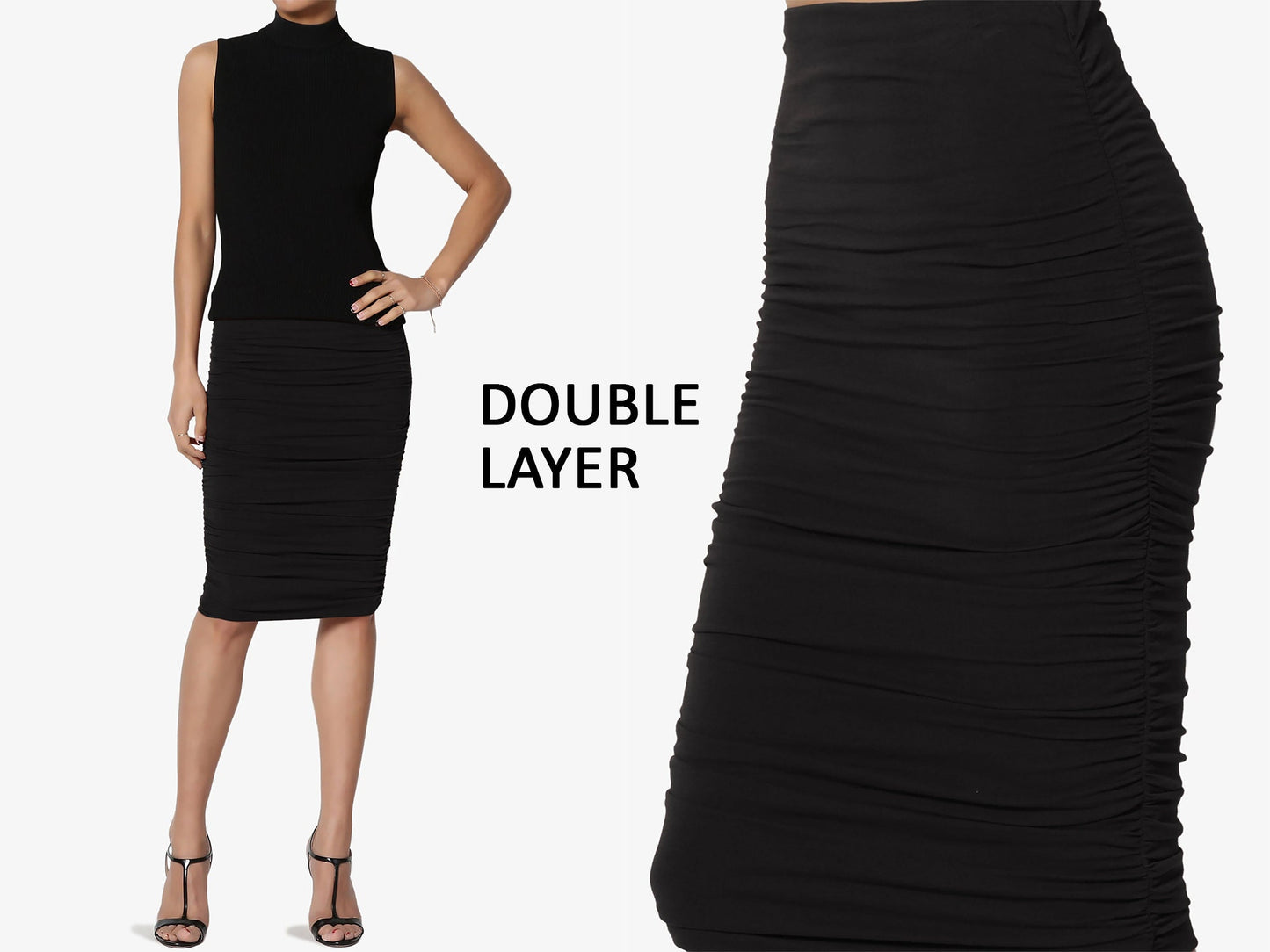 Upcycled Double layered Ruched Pencil Skirt / Shirring Fitted Skirt/ Mid-calf Skirt/ Plus Size Pencil Skirt/ Made in USA
