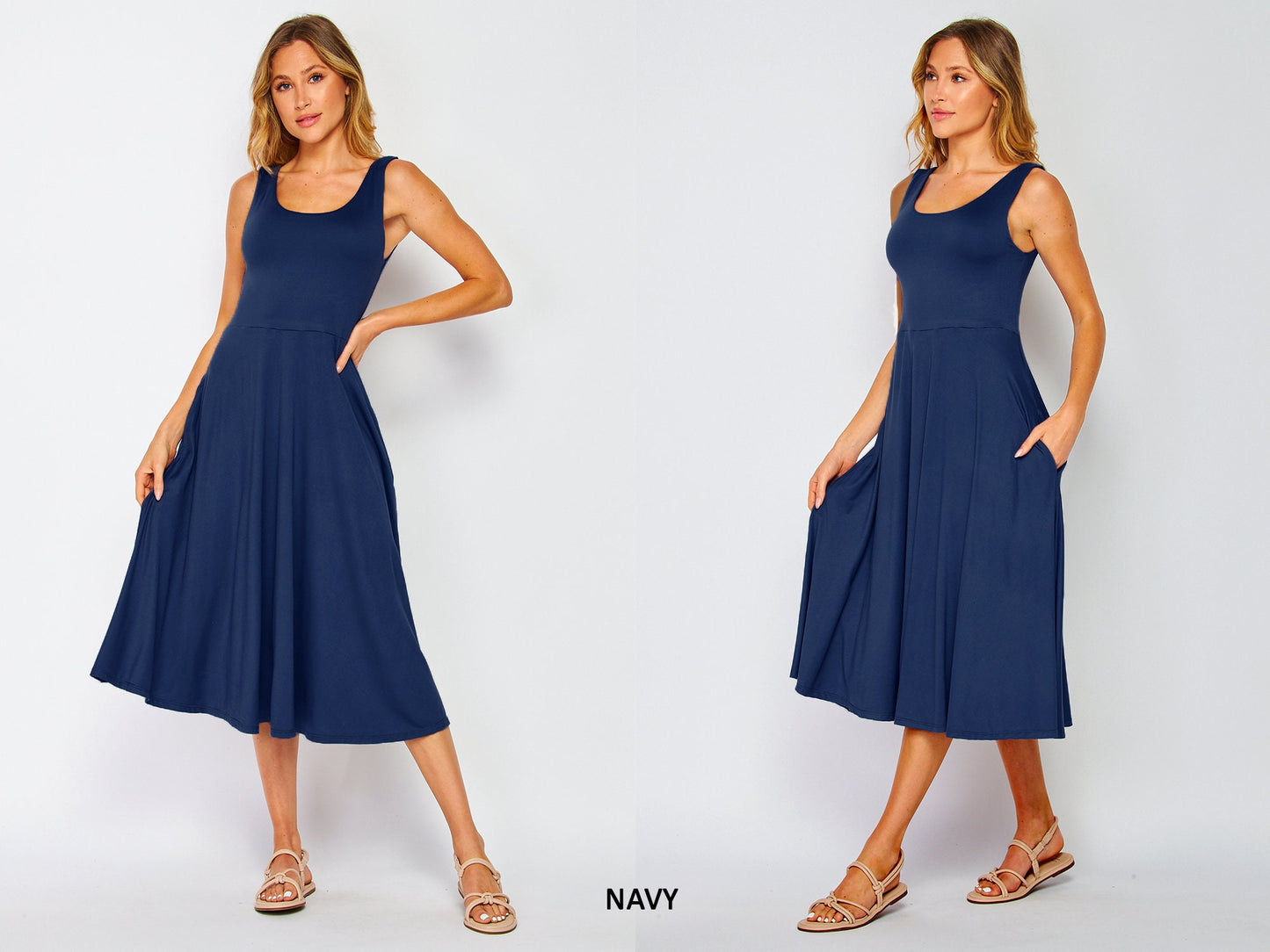 Flowy Sleeveless Midi Dress with Pockets - Lightweight, Breathable, Travel-Friendly - Custom Lengths Available