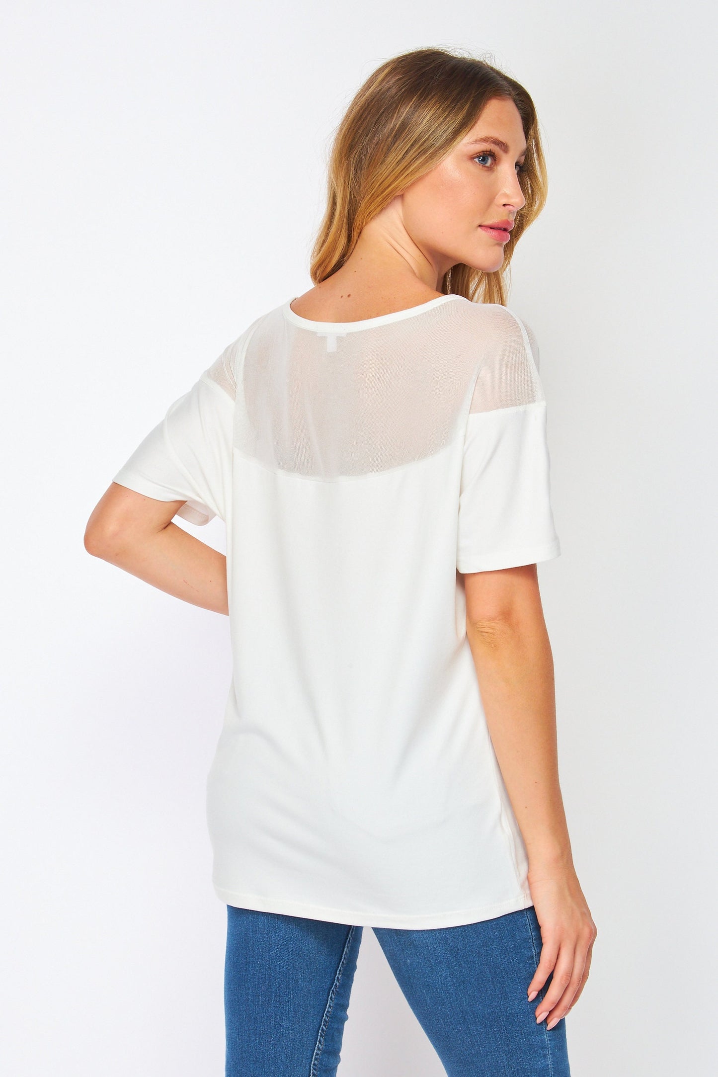 Mesh Yoke Loose Fit Dolman Sleeve Knit Top / Available in Plus Size