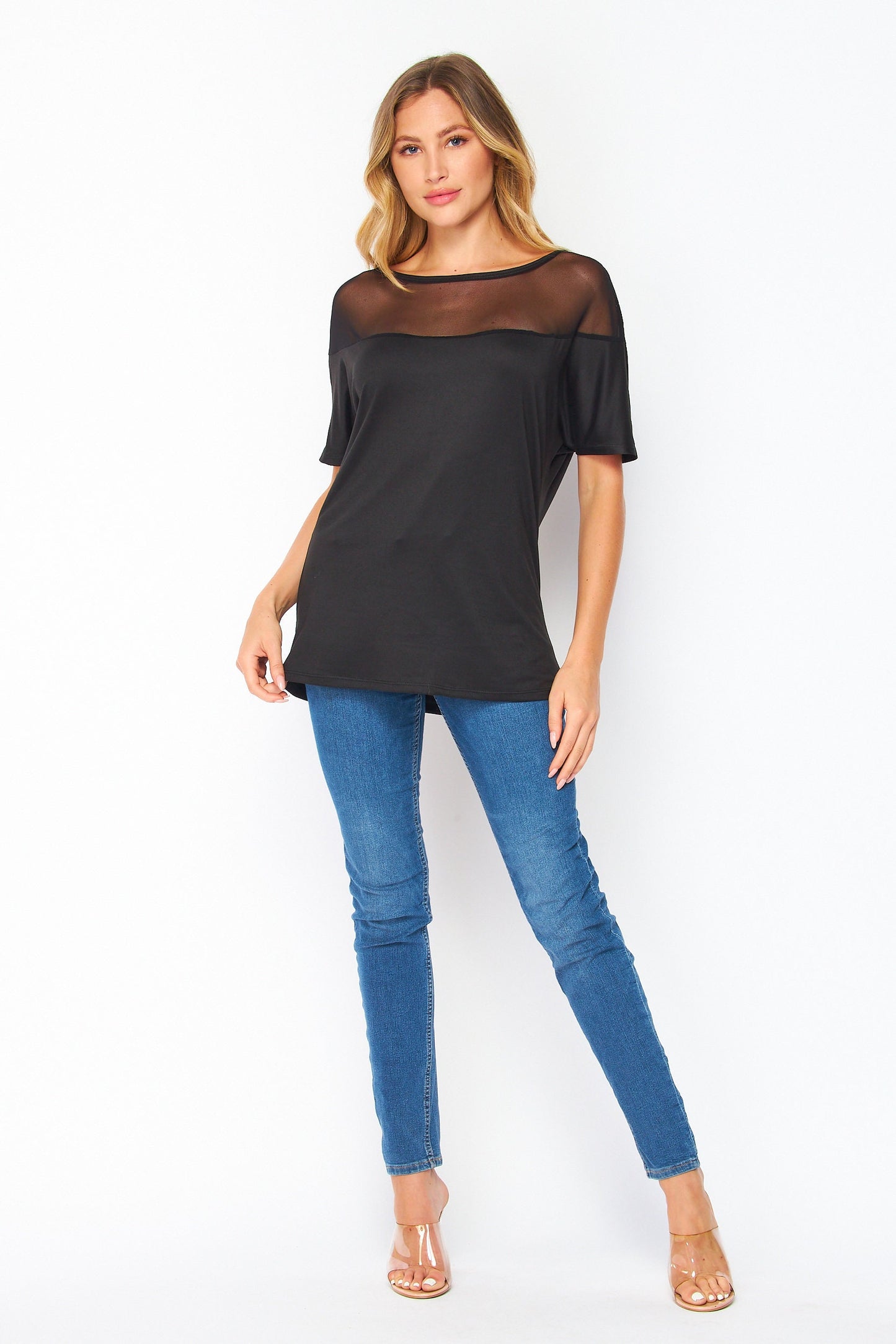 Mesh Yoke Loose Fit Dolman Sleeve Knit Top / Available in Plus Size