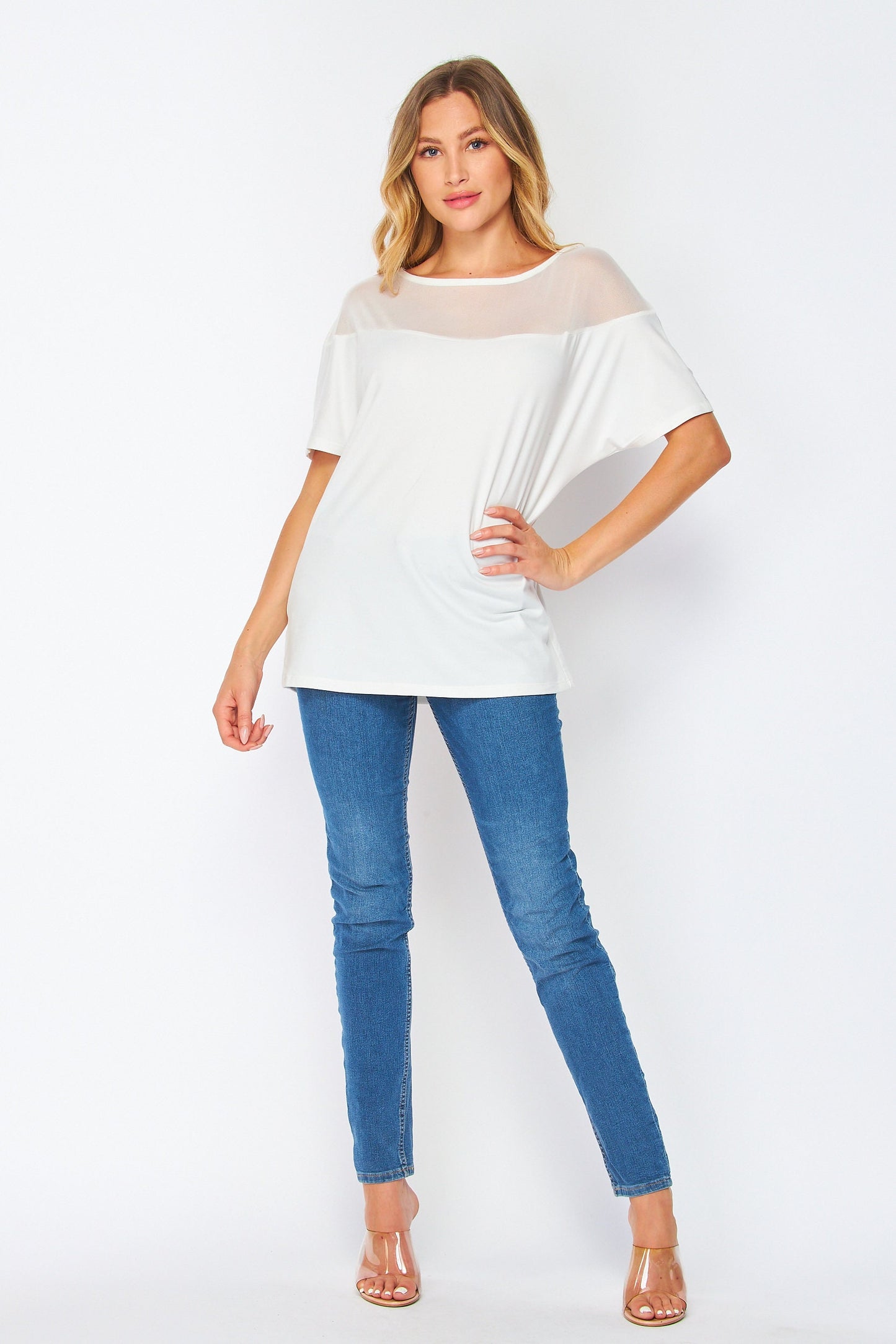 Mesh Yoke Loose Fit Dolman Sleeve Knit Top / Available in Plus Size