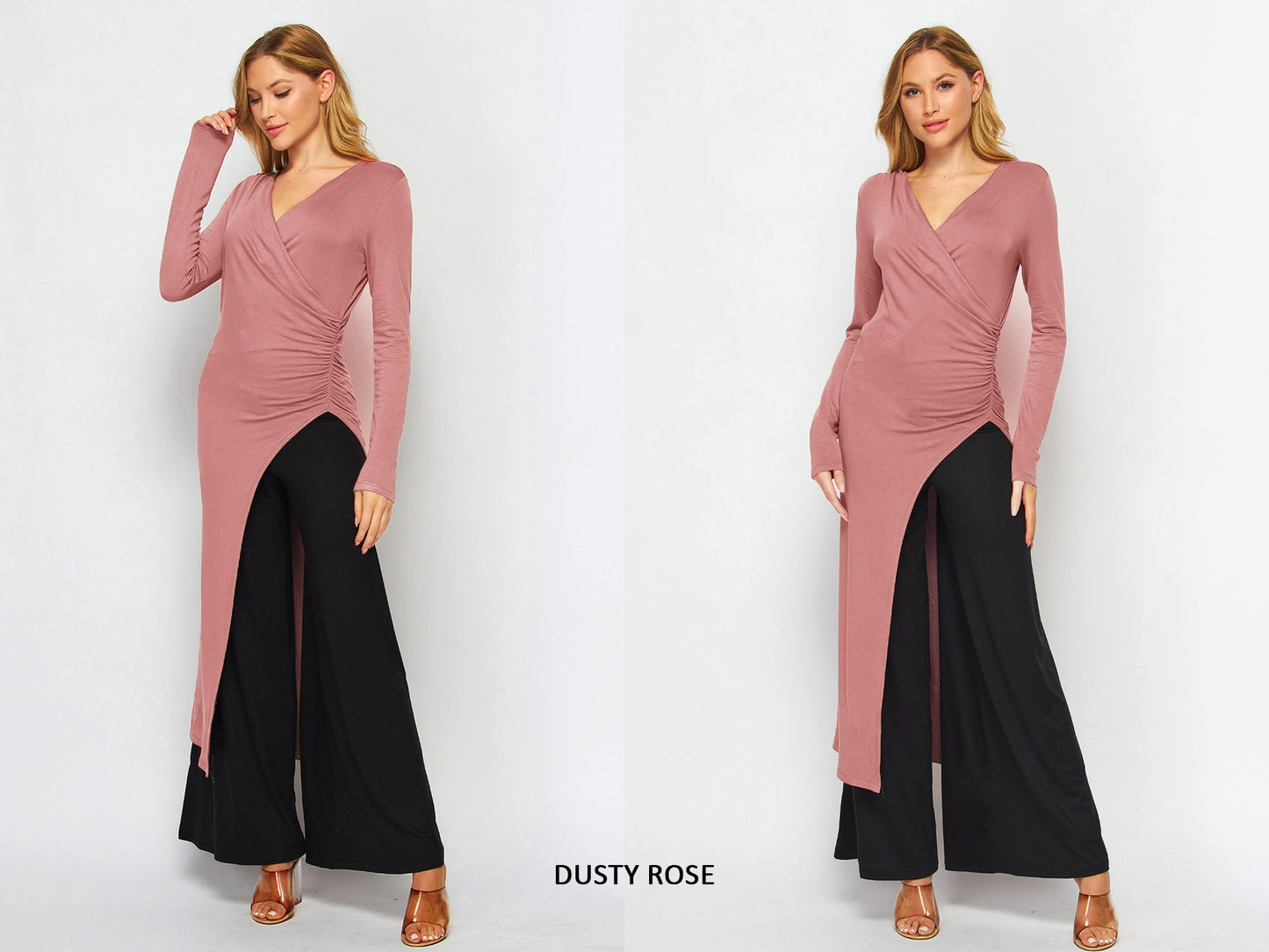 Asymmetric Ruched Waist Long Sleeve Tunic Dress - Available in Plus size