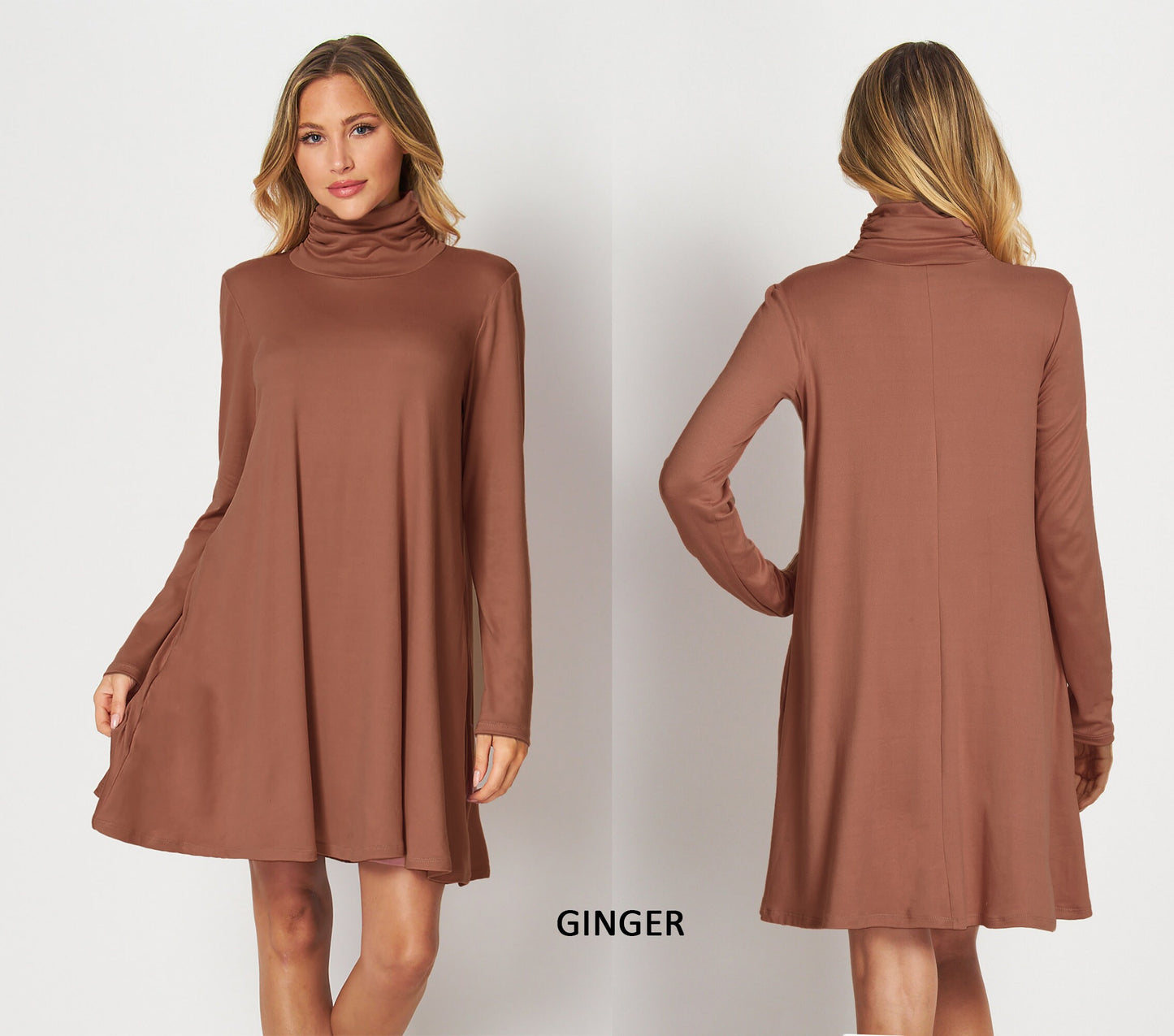 Custom Made Shirred & Ruched Turtle Neck Tunic Dress with Pockets / Available in Petite,Plus and Tall