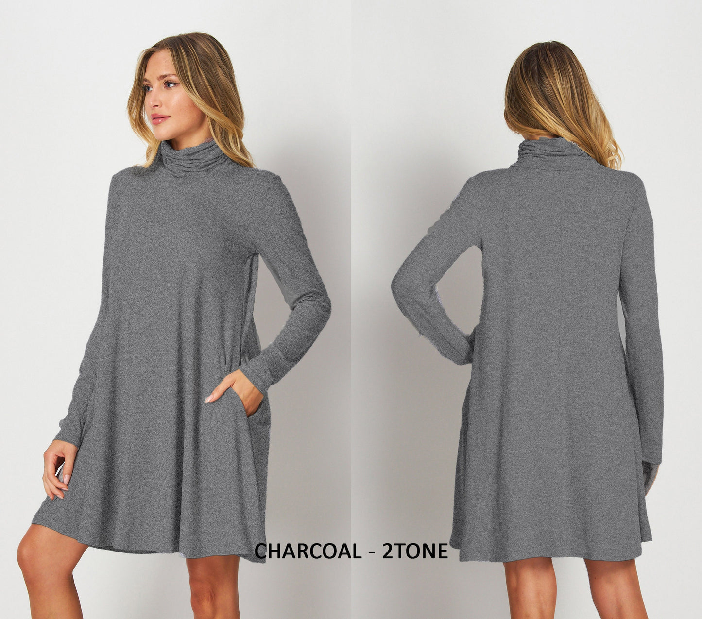 Custom Made Shirred & Ruched Turtle Neck Tunic Dress with Pockets / Available in Petite,Plus and Tall
