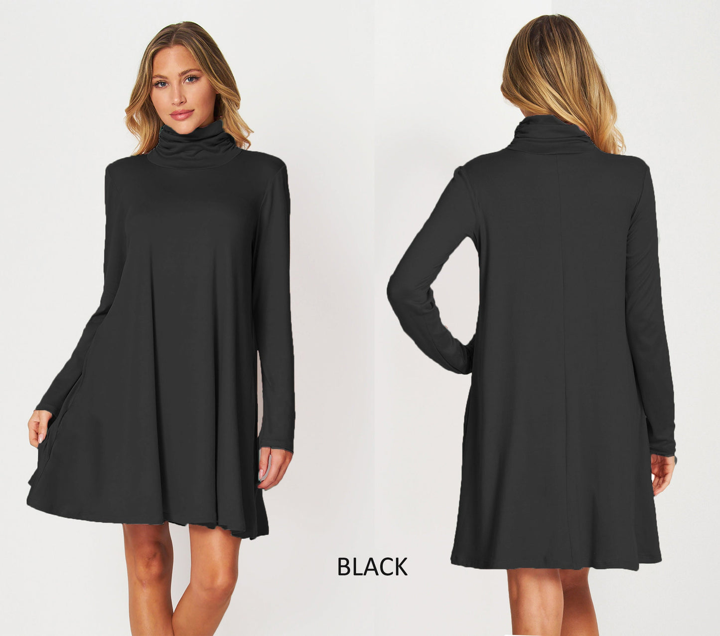Custom Made Shirred & Ruched Turtle Neck Tunic Dress with Pockets / Available in Petite,Plus and Tall