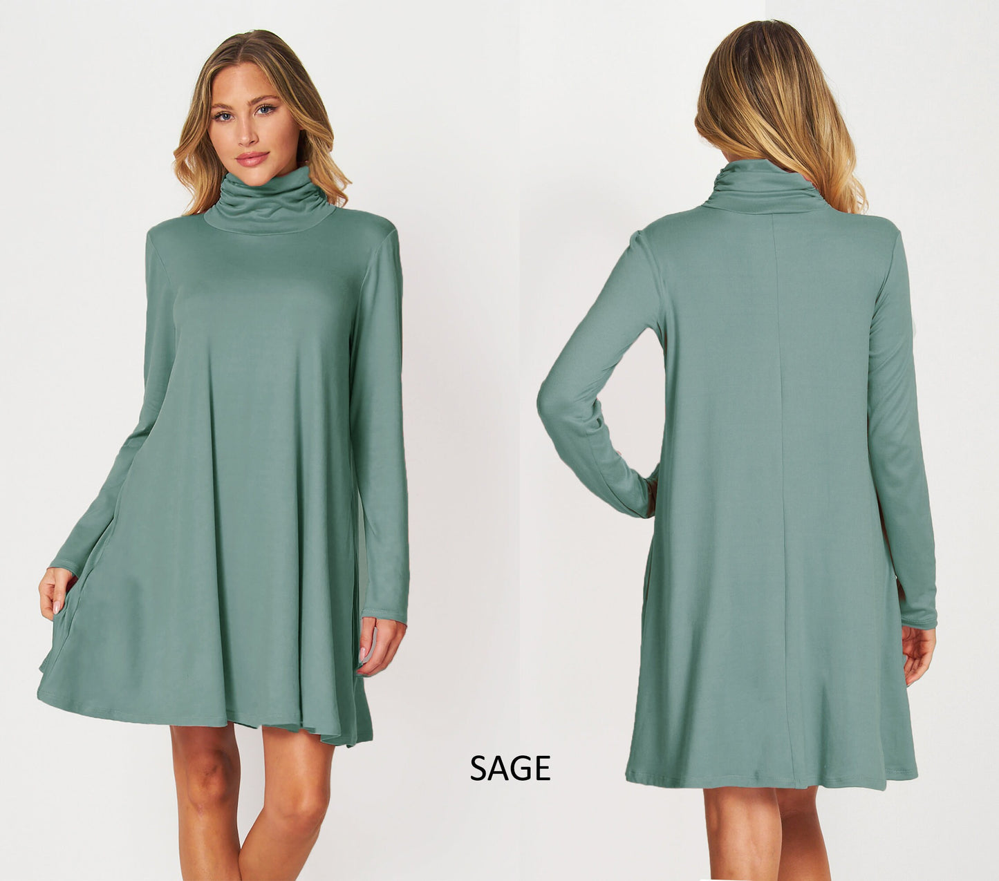Custom Made Shirred & Ruched Turtle Neck Tunic Dress with Pockets / Available in Petite,Plus and Tall