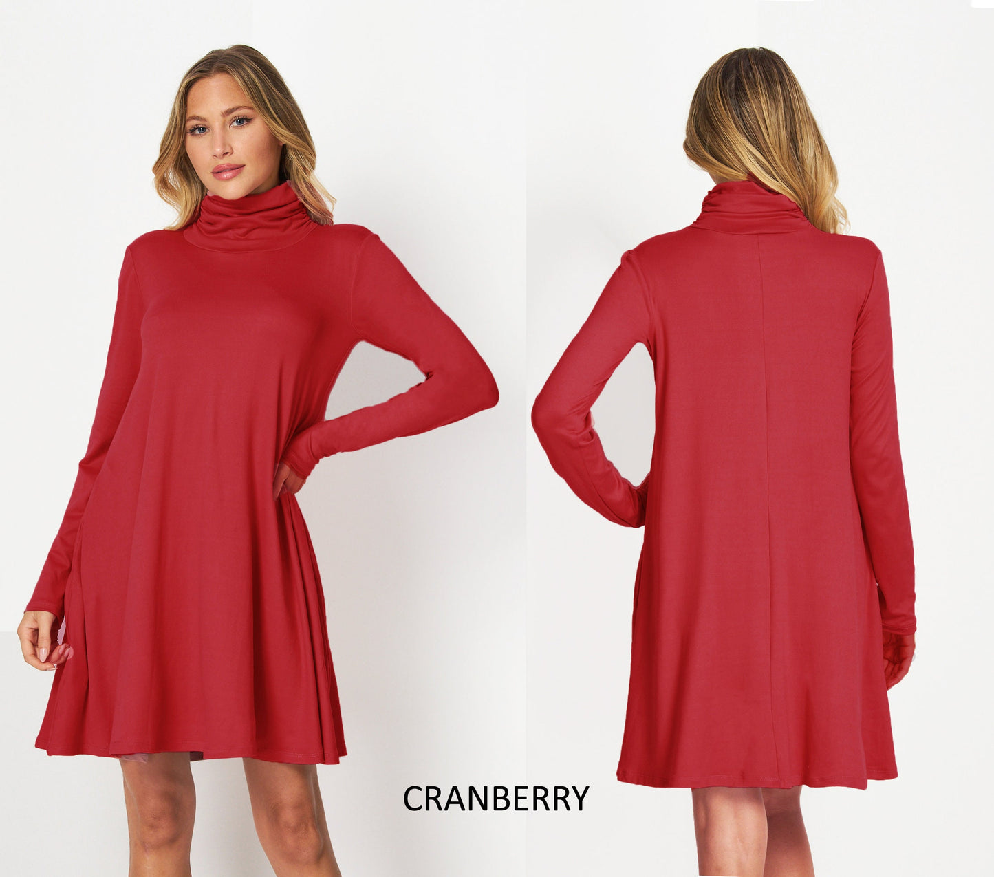 Custom Made Shirred & Ruched Turtle Neck Tunic Dress with Pockets / Available in Petite,Plus and Tall