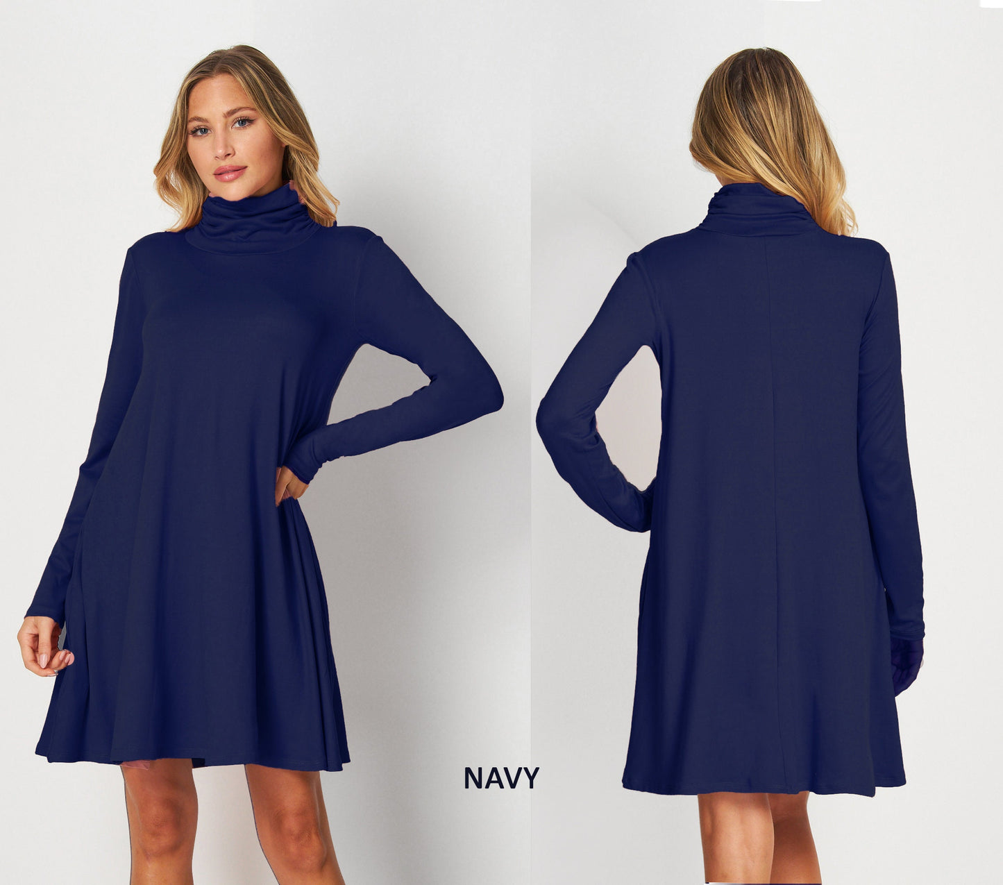 Custom Made Shirred & Ruched Turtle Neck Tunic Dress with Pockets / Available in Petite,Plus and Tall