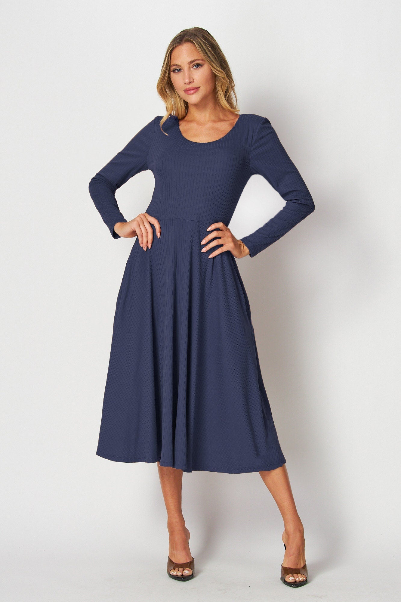 Custom Made Long Sleeve Rib Midi Dress with Pockets / Available in Petite, Plus and Tall