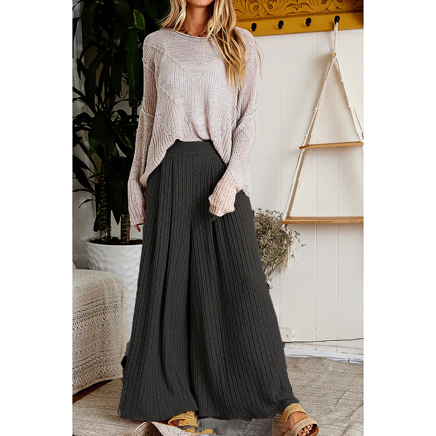 Junie Custom Made High-Rise Wide Leg Knit Sweater Palazzo Pants with Pockets