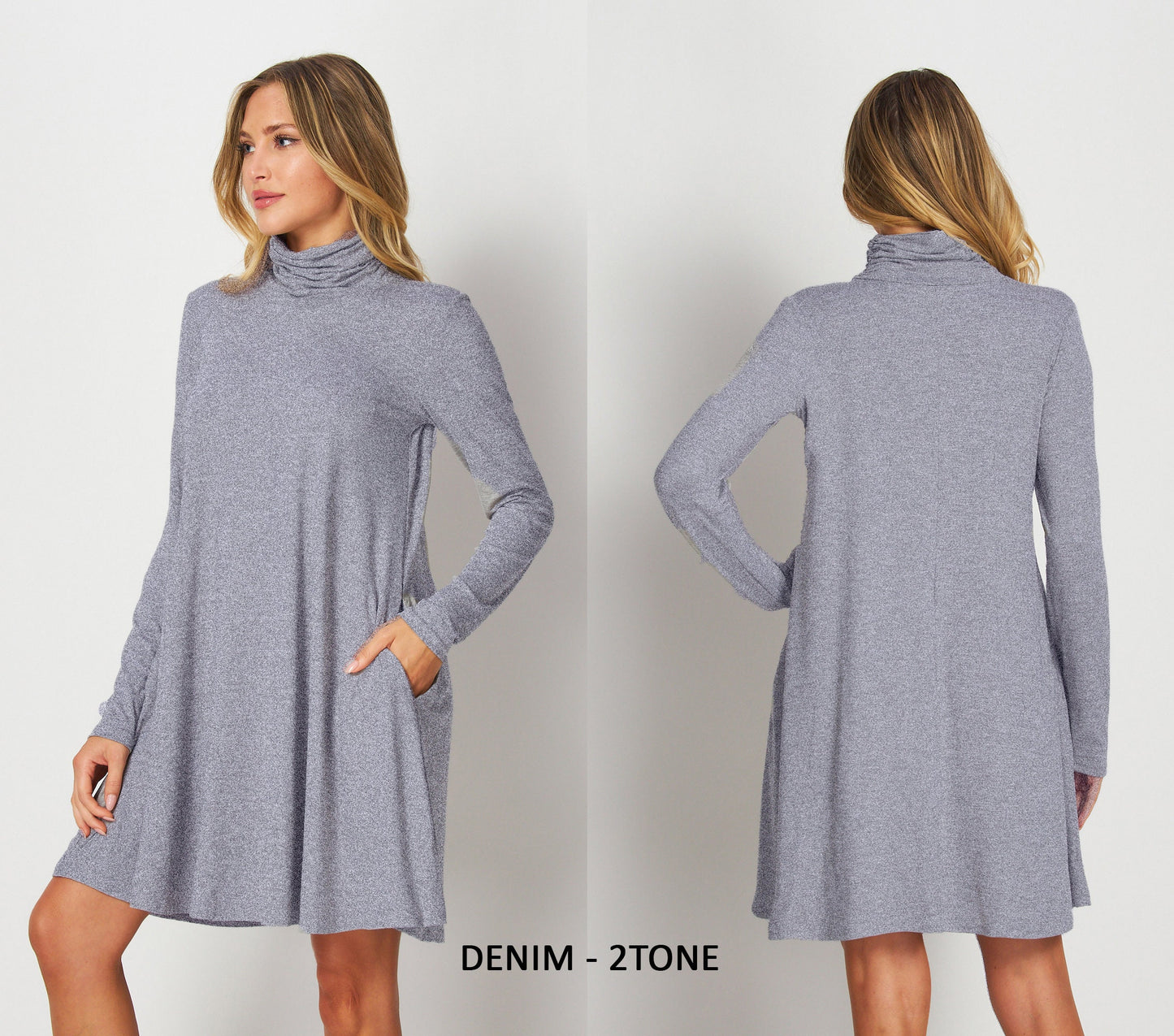 Custom Made Shirred & Ruched Turtle Neck Tunic Dress with Pockets / Available in Petite,Plus and Tall