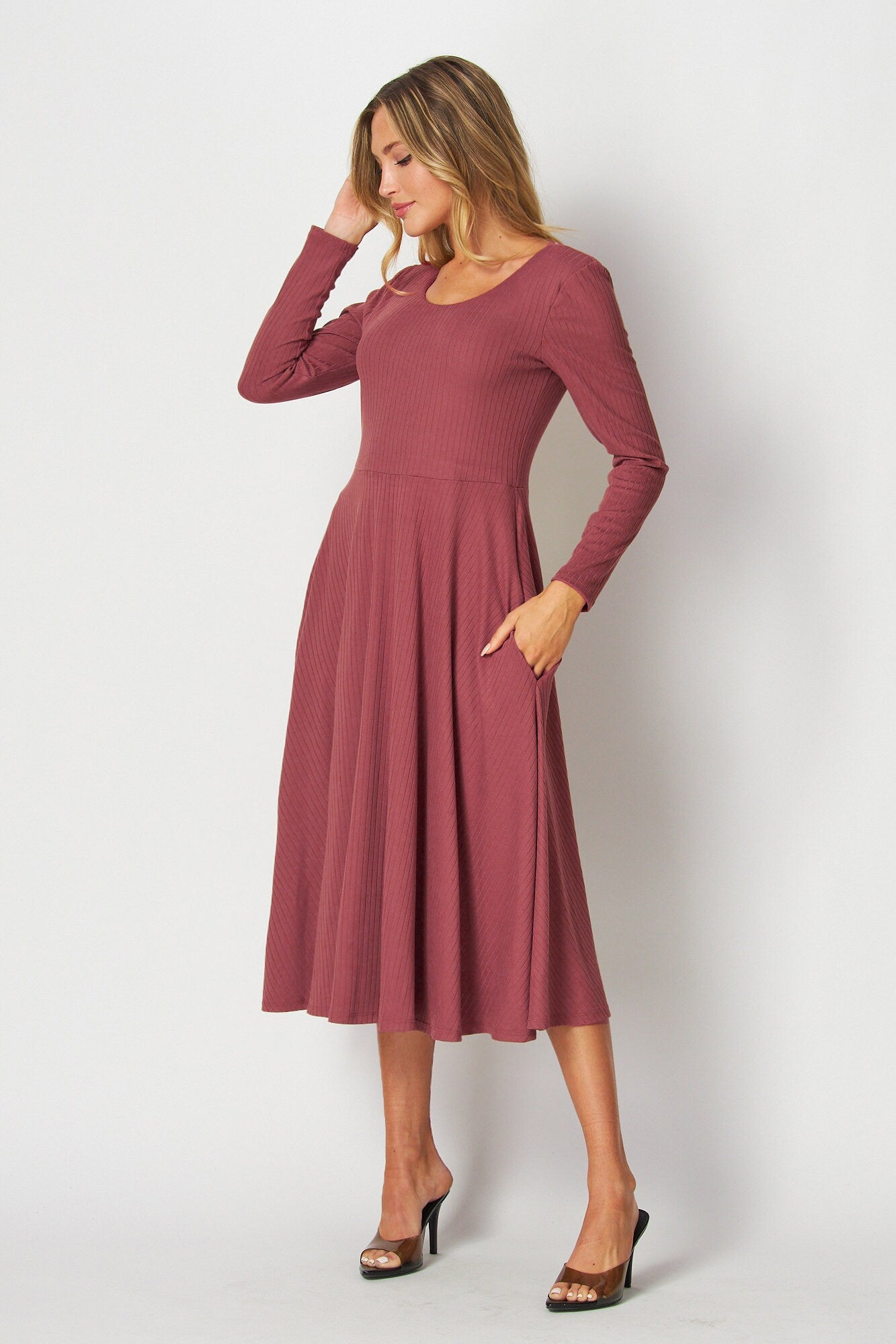 Custom Made Long Sleeve Rib Midi Dress with Pockets / Available in Petite, Plus and Tall