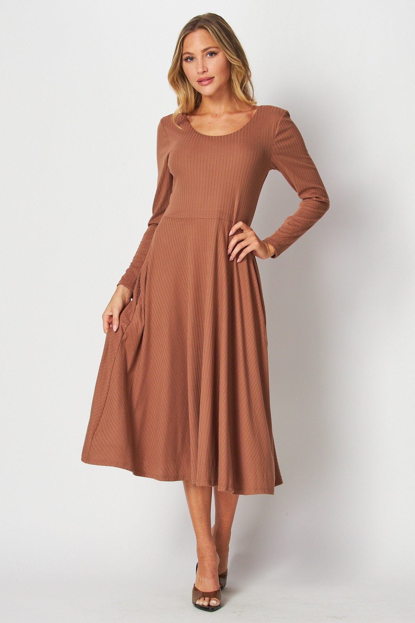 Custom Made Long Sleeve Rib Midi Dress with Pockets / Available in Petite, Plus and Tall