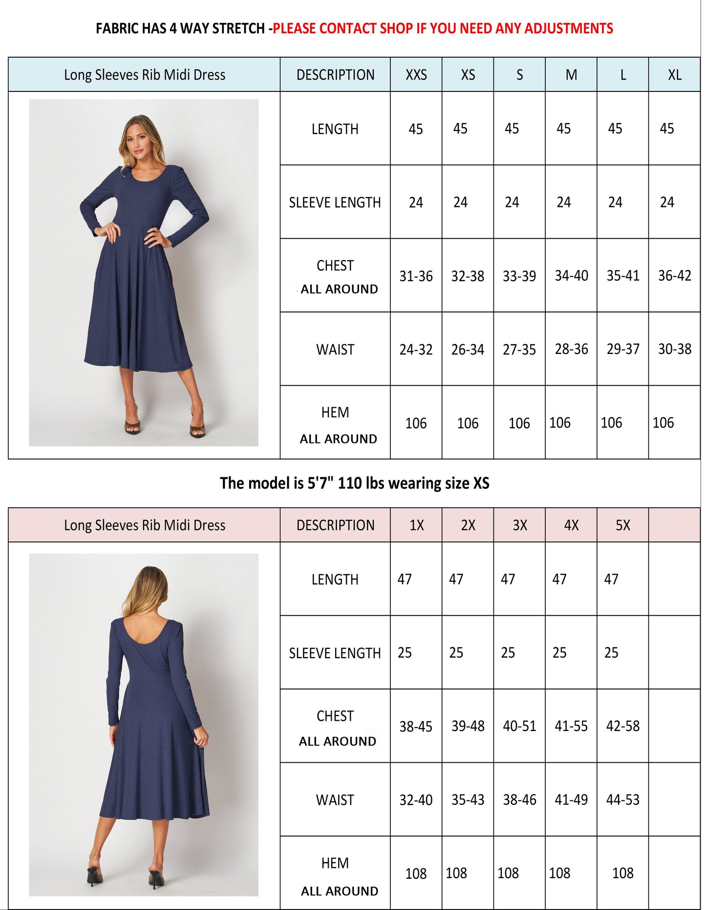 Custom Made Long Sleeve Rib Midi Dress with Pockets / Available in Petite, Plus and Tall