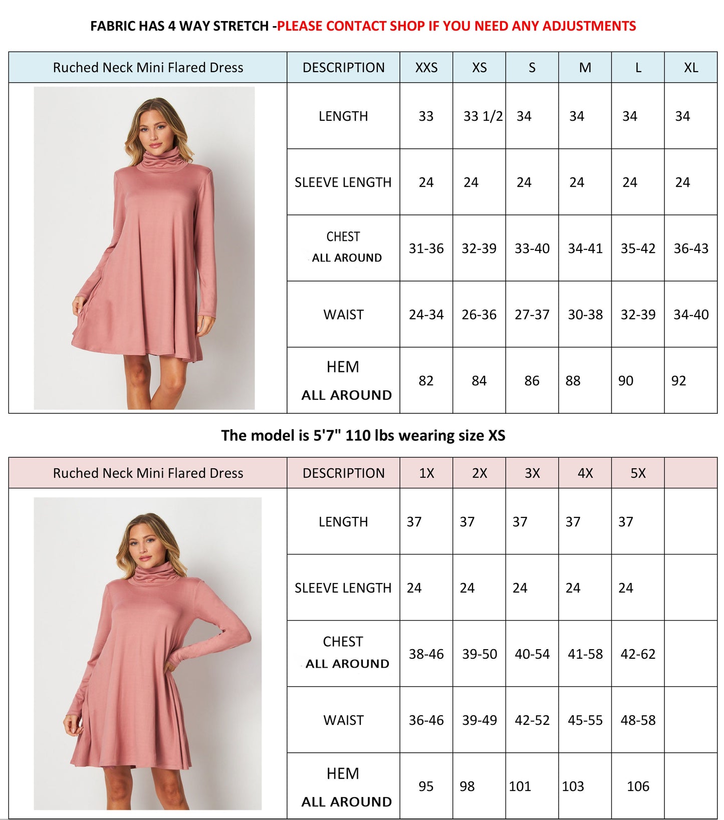 Custom Made Shirred & Ruched Turtle Neck Tunic Dress with Pockets / Available in Petite,Plus and Tall