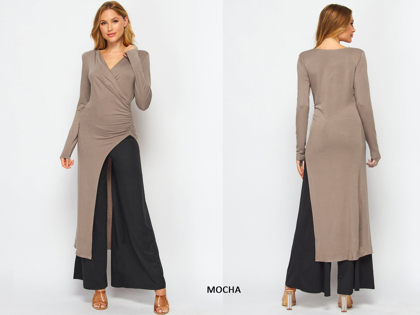 Asymmetric Ruched Waist Long Sleeve Tunic Dress - Available in Plus size