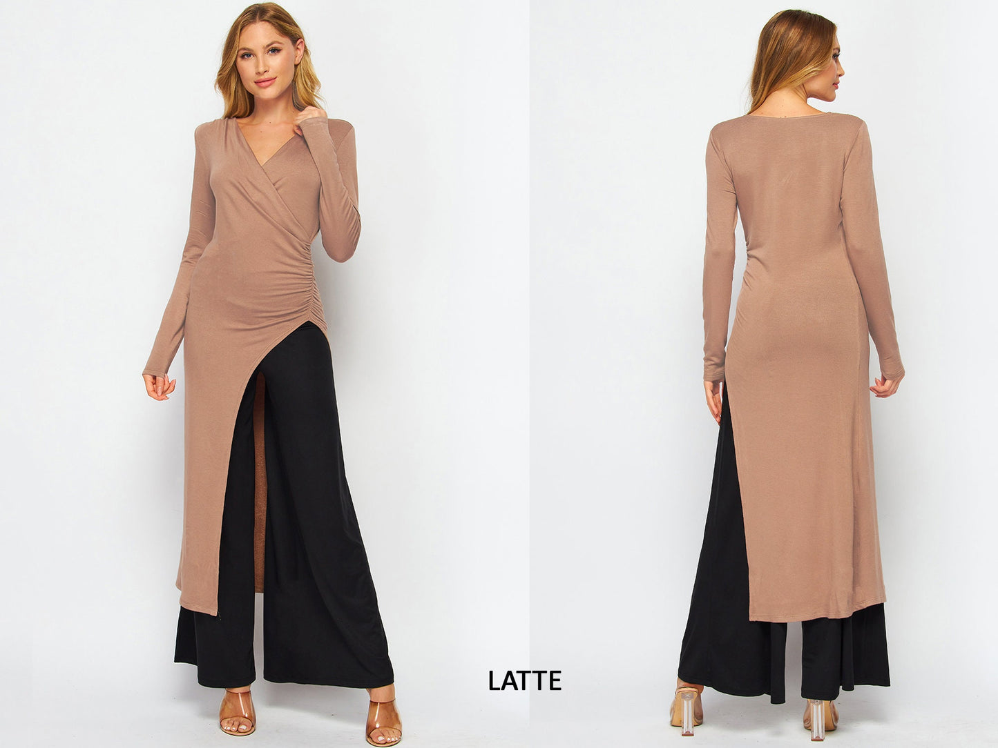 Asymmetric Ruched Waist Long Sleeve Tunic Dress - Available in Plus size