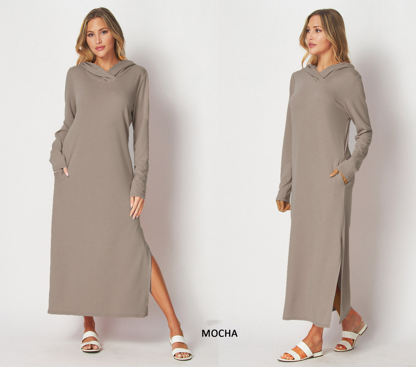 Hooded Maxi T-shirt Dress, Maxi Sweatshirt Pull On Dress - Custom made available for Petite, Plus, and Tall