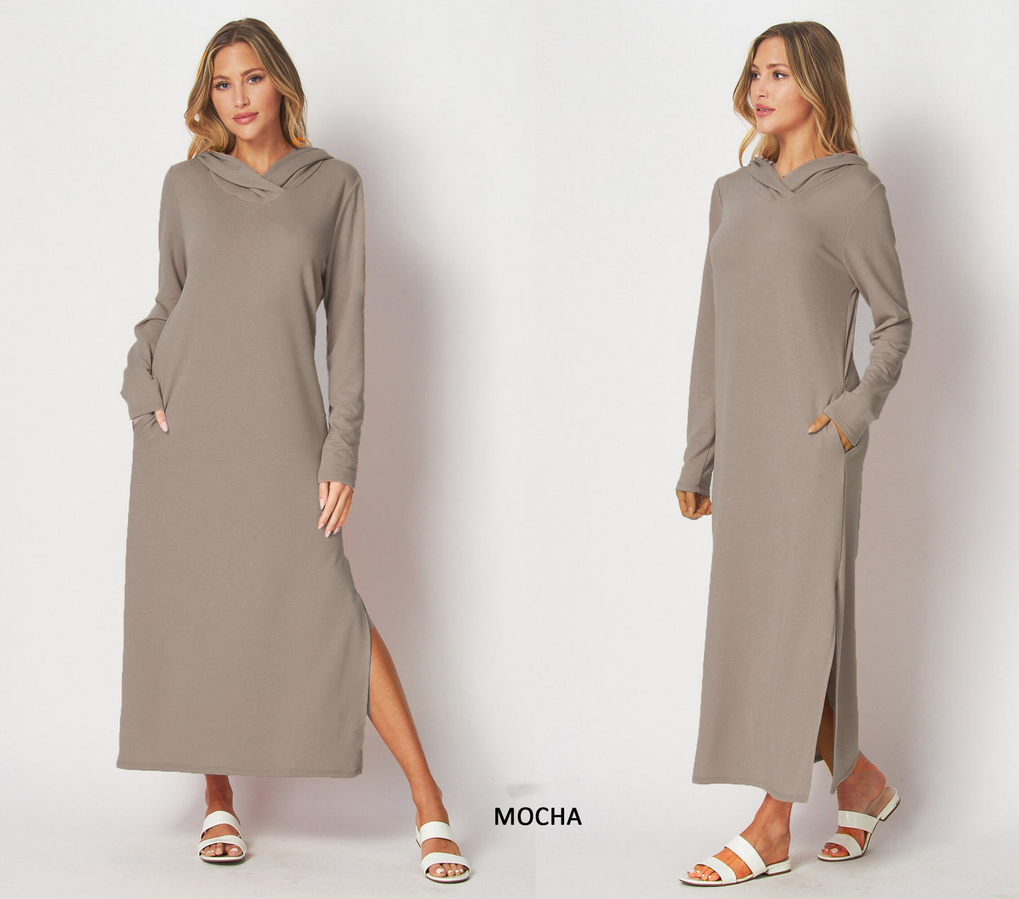 Hooded Maxi T-shirt Dress, Maxi Sweatshirt Pull On Dress - Custom made available for Petite, Plus, and Tall