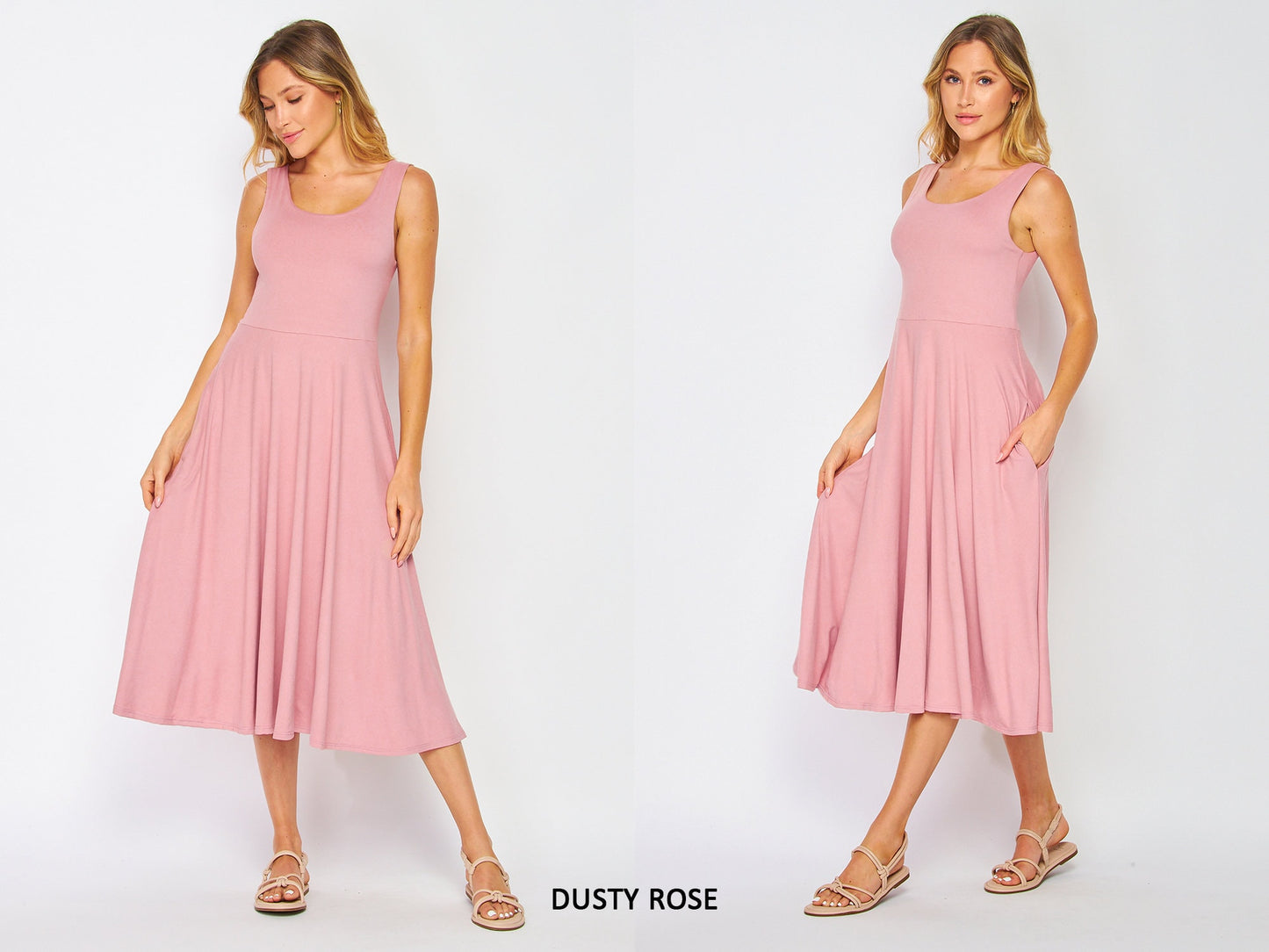 Flowy Sleeveless Midi Dress with Pockets - Lightweight, Breathable, Travel-Friendly - Custom Lengths Available