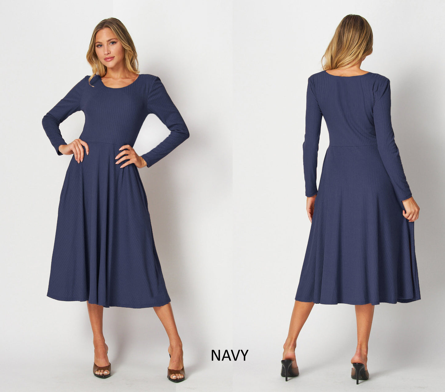 Custom Made Long Sleeve Rib Midi Dress with Pockets / Available in Petite, Plus and Tall