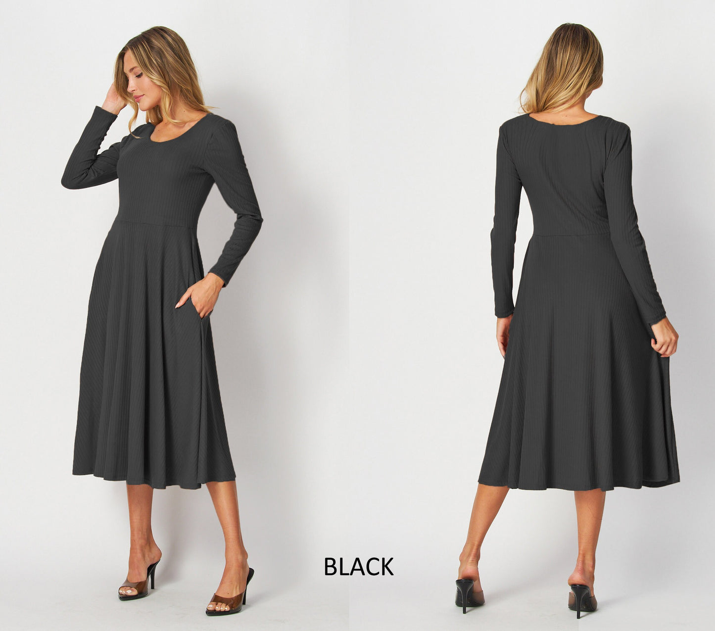 Custom Made Long Sleeve Rib Midi Dress with Pockets / Available in Petite, Plus and Tall