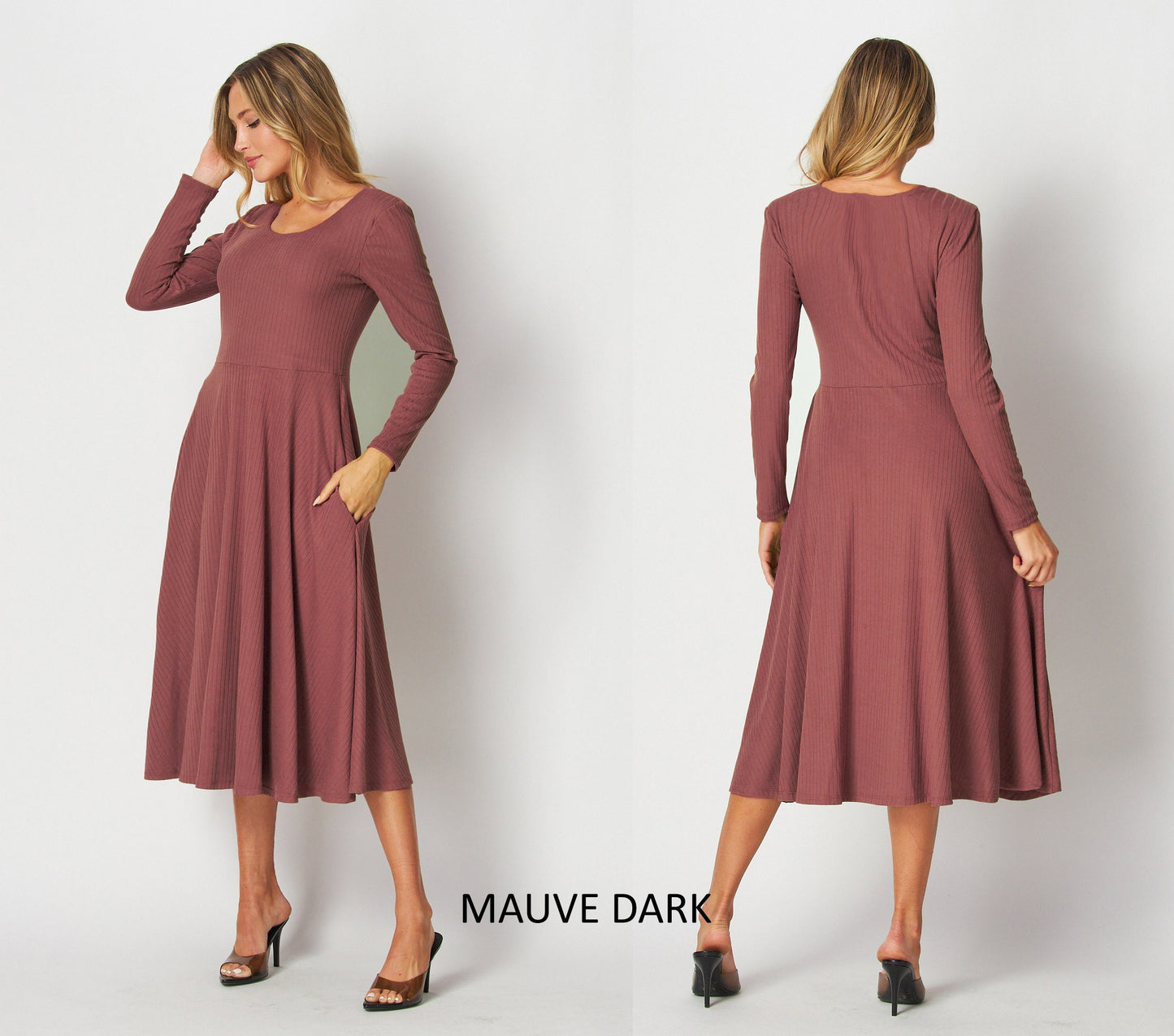 Custom Made Long Sleeve Rib Midi Dress with Pockets / Available in Petite, Plus and Tall