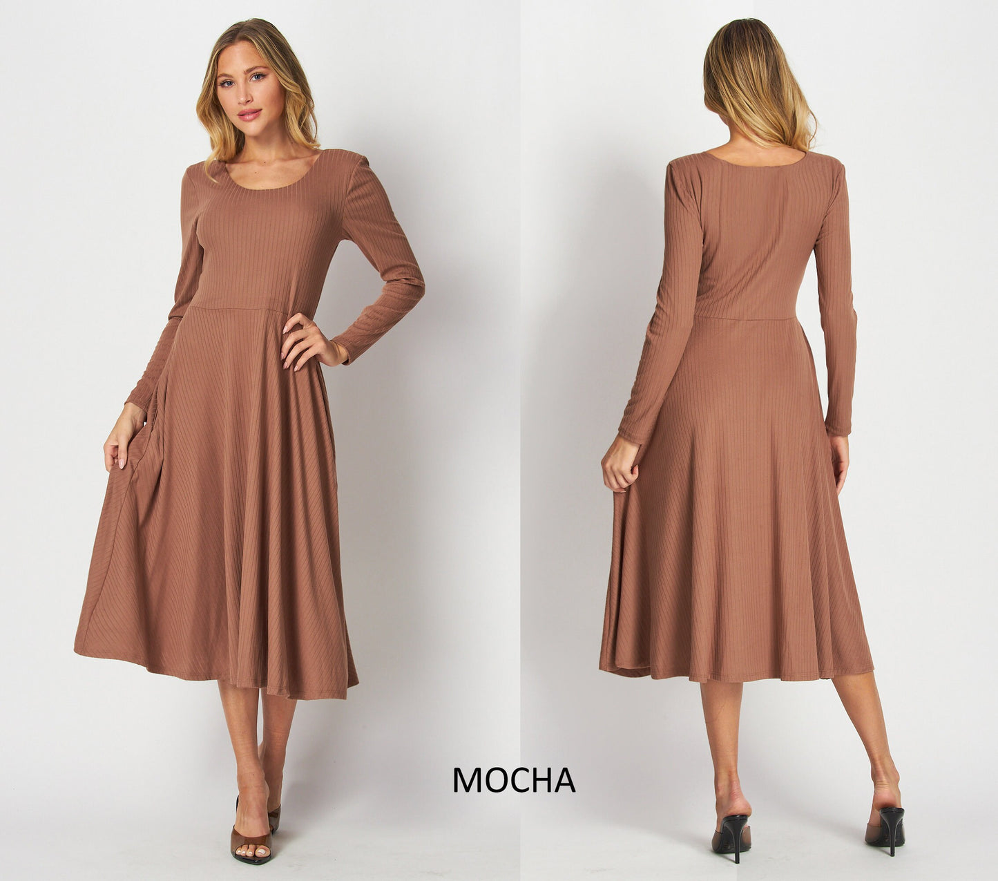 Custom Made Long Sleeve Rib Midi Dress with Pockets / Available in Petite, Plus and Tall