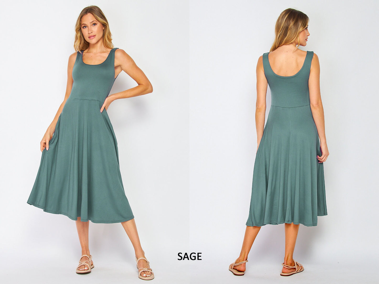 Flowy Sleeveless Midi Dress with Pockets - Lightweight, Breathable, Travel-Friendly - Custom Lengths Available
