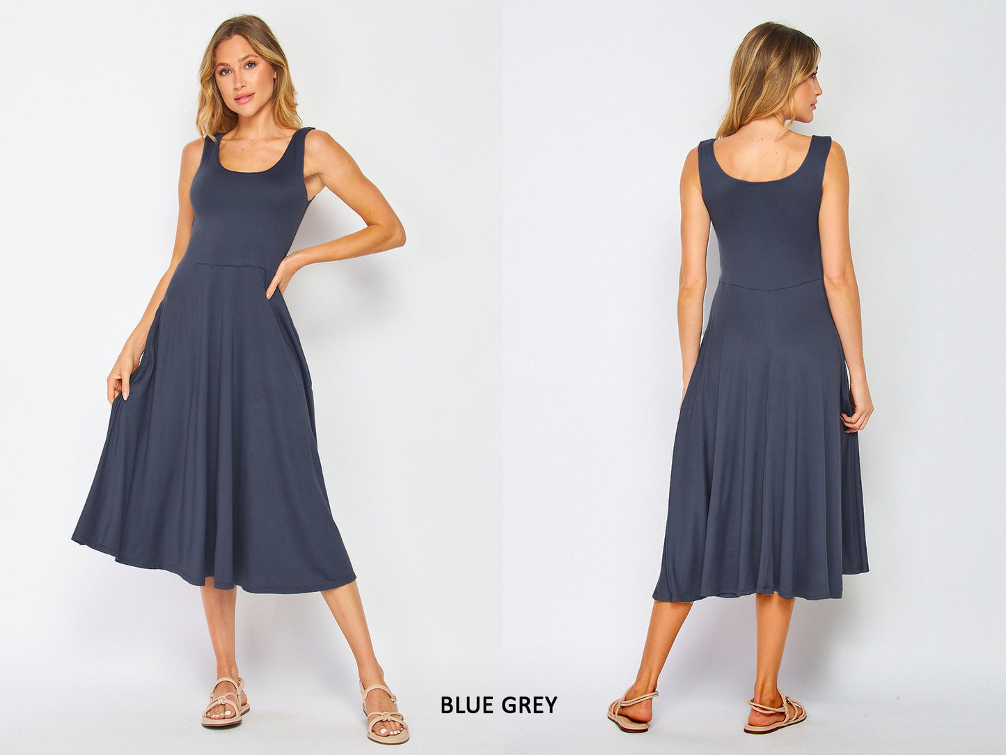Flowy Sleeveless Midi Dress with Pockets - Lightweight, Breathable, Travel-Friendly - Custom Lengths Available