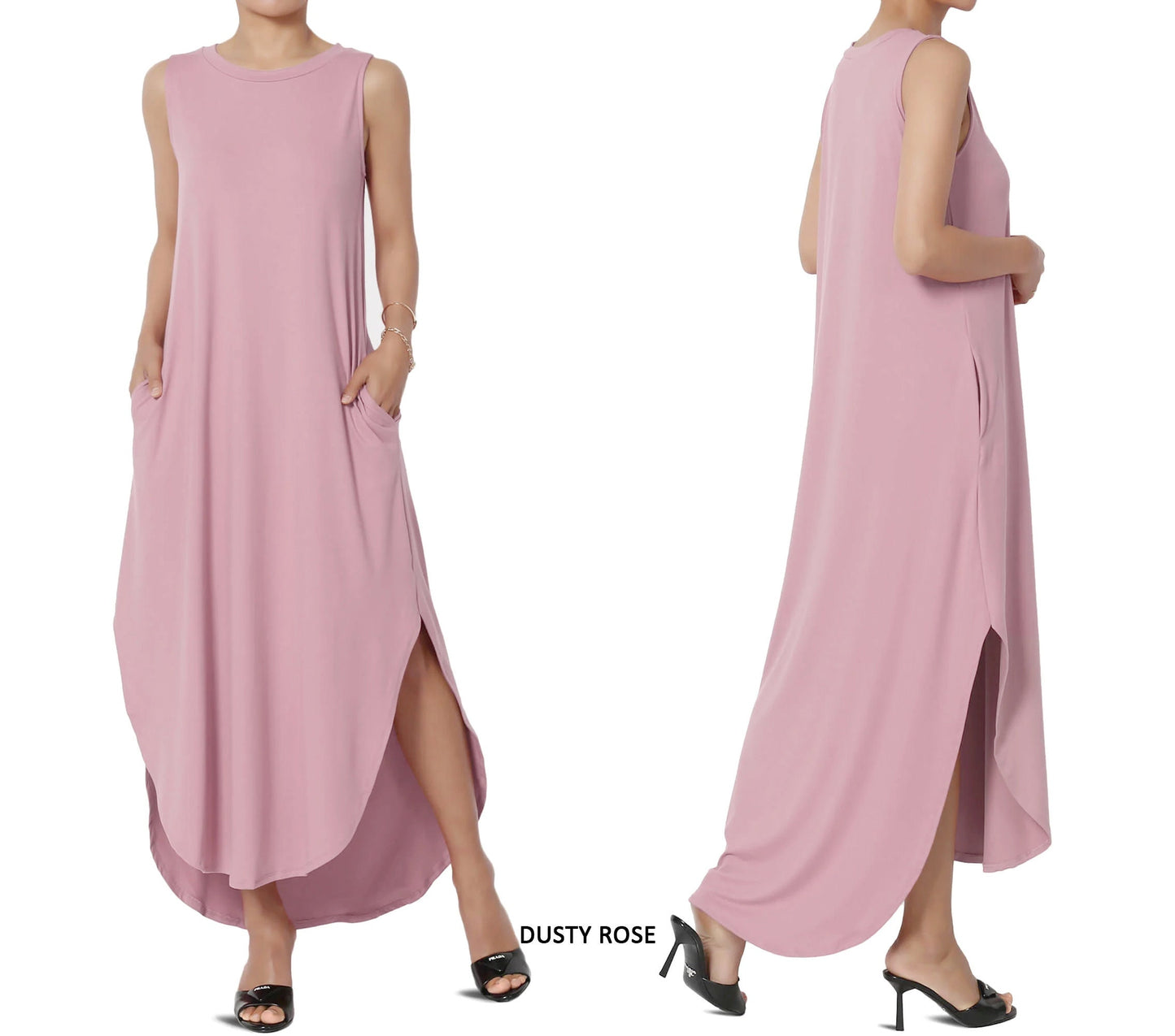 Sleeveless High and Low Curved Hem Dress with Pockets / Available in Plus size