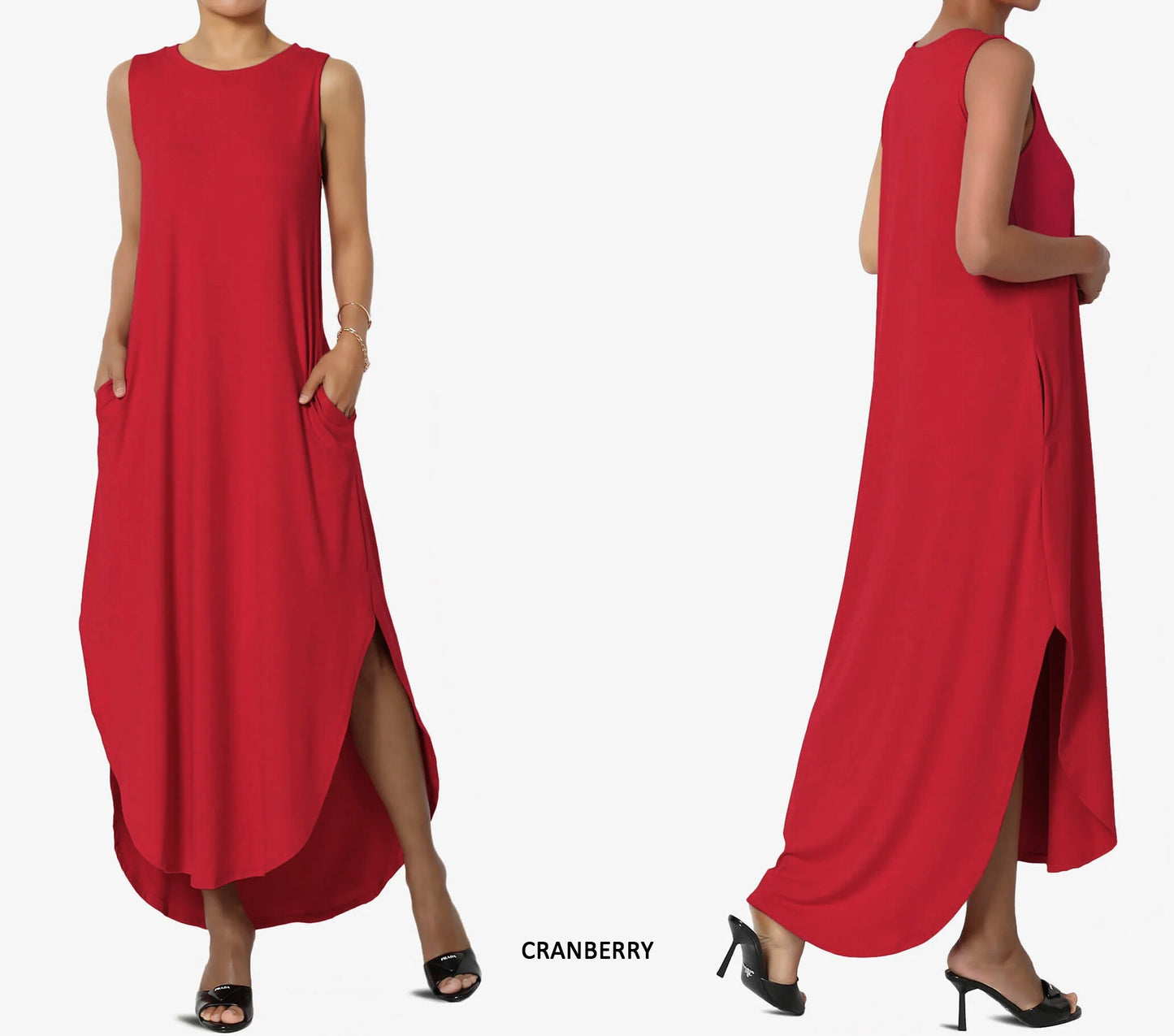 Sleeveless High and Low Curved Hem Dress with Pockets / Available in Plus size