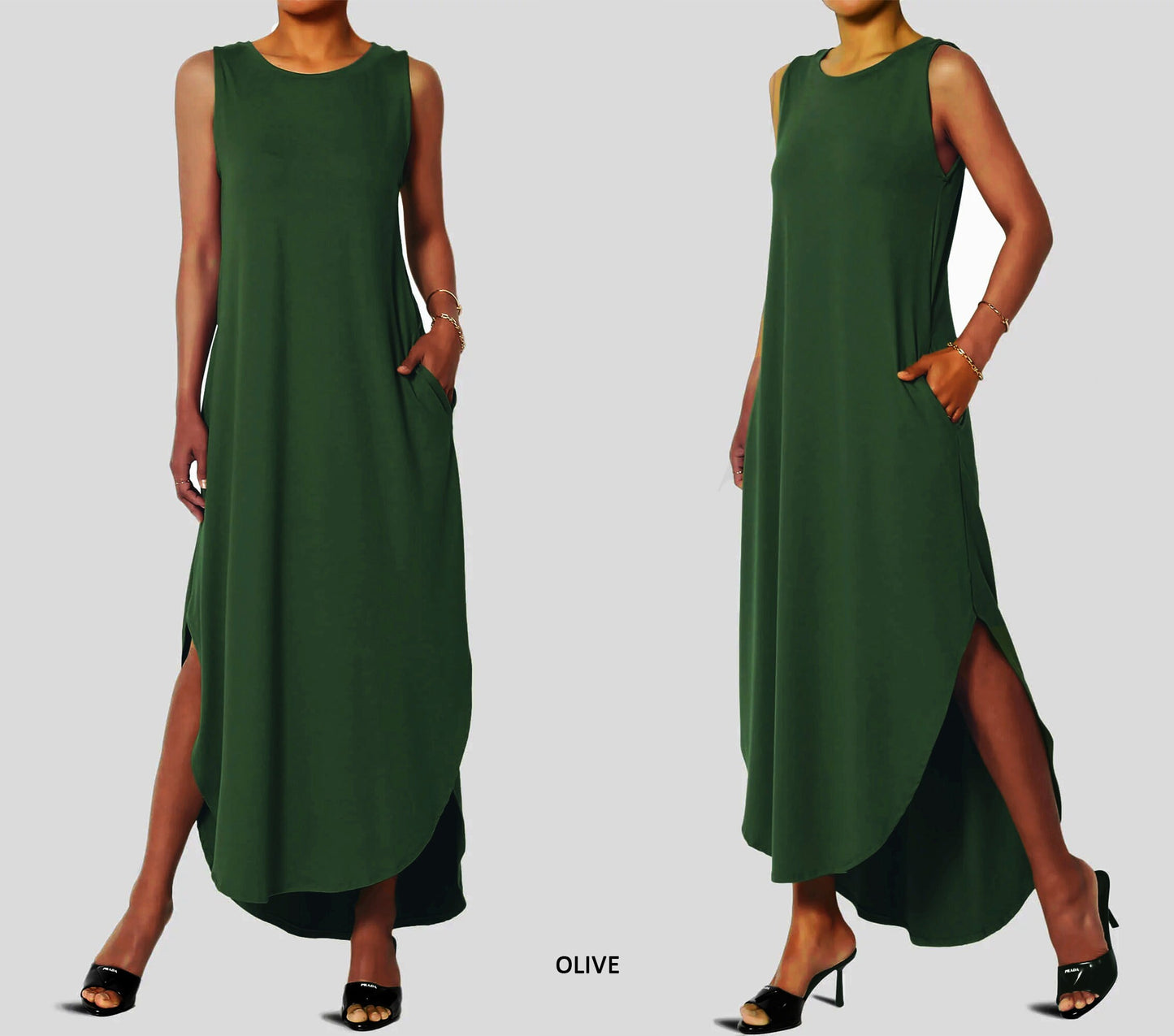 Sleeveless High and Low Curved Hem Dress with Pockets / Available in Plus size
