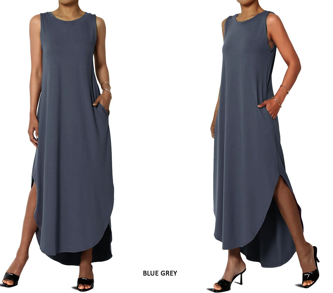 Sleeveless High and Low Curved Hem Dress with Pockets / Available in Plus size